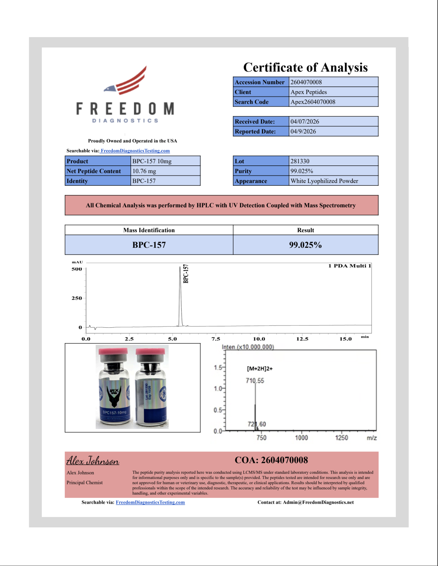 Certificate of Analysis for BPC-157 from Apex-Peptides.com