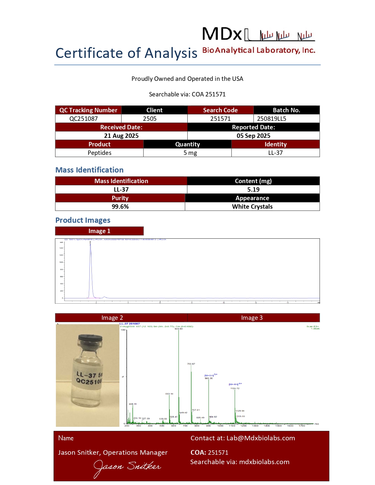 Certificate of Analysis for Ll 37 10 Mg from BioEdge Research Labs