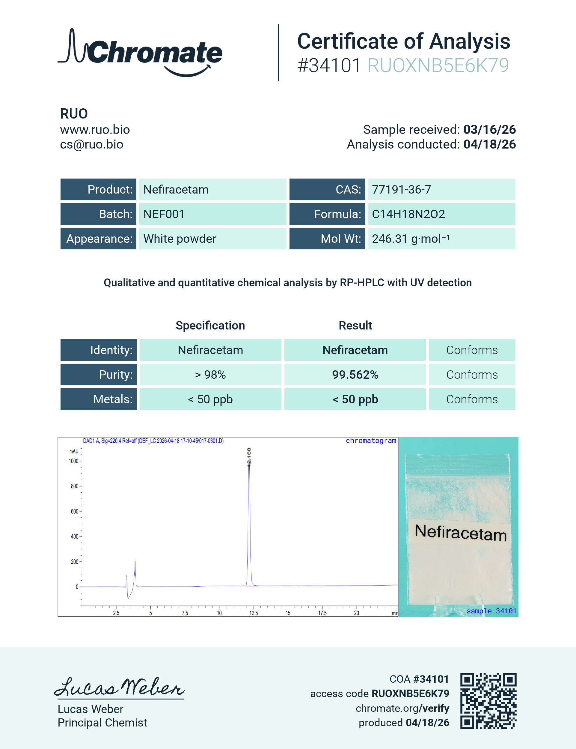 Certificate of Analysis for Nefiracetam 5g from RUO