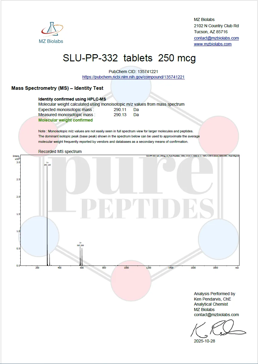 Certificate of Analysis for SLU PP 332 TABLETS from Pure Peptides Bio