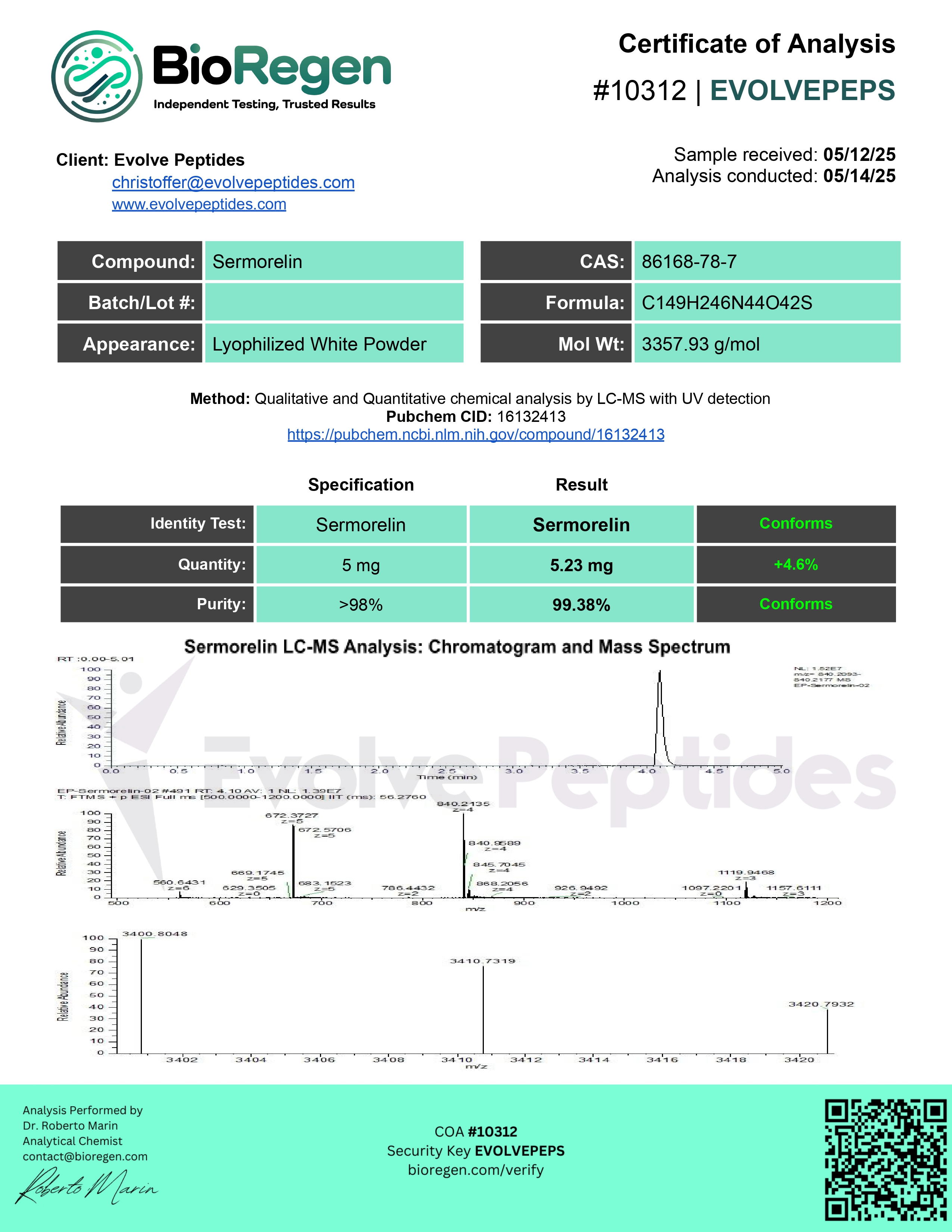 Certificate of Analysis for Sermorelin (5mg) from Evolve Peptides