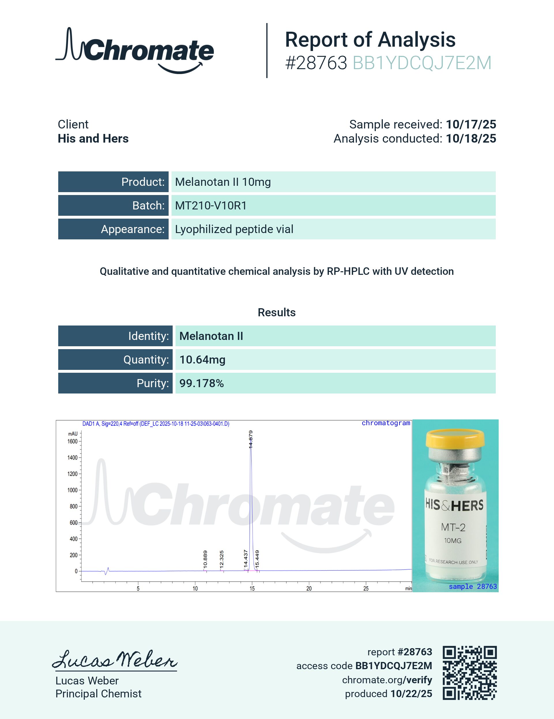 Certificate of Analysis for MT-2 (Melanotan II) 10mg from VAYN