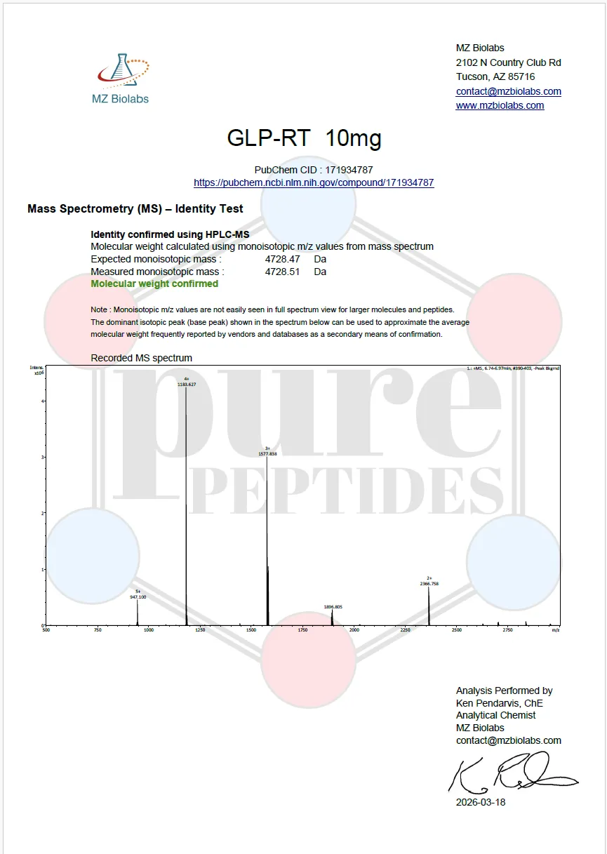 Certificate of Analysis for GLP RT10MG from Pure Peptides Bio