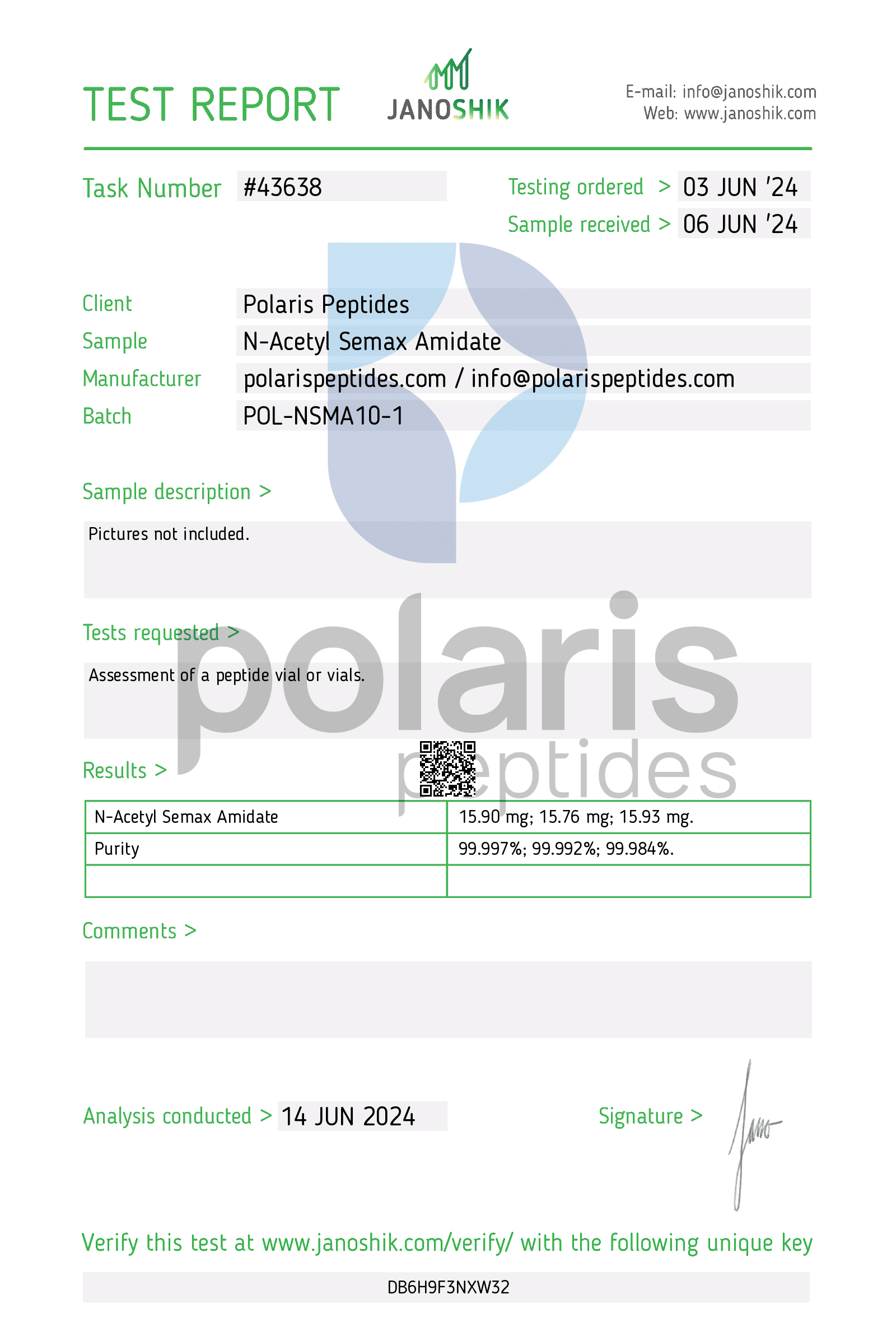 Certificate of Analysis for N-Acetyl Semax Amidate 10mg from Polaris Peptides