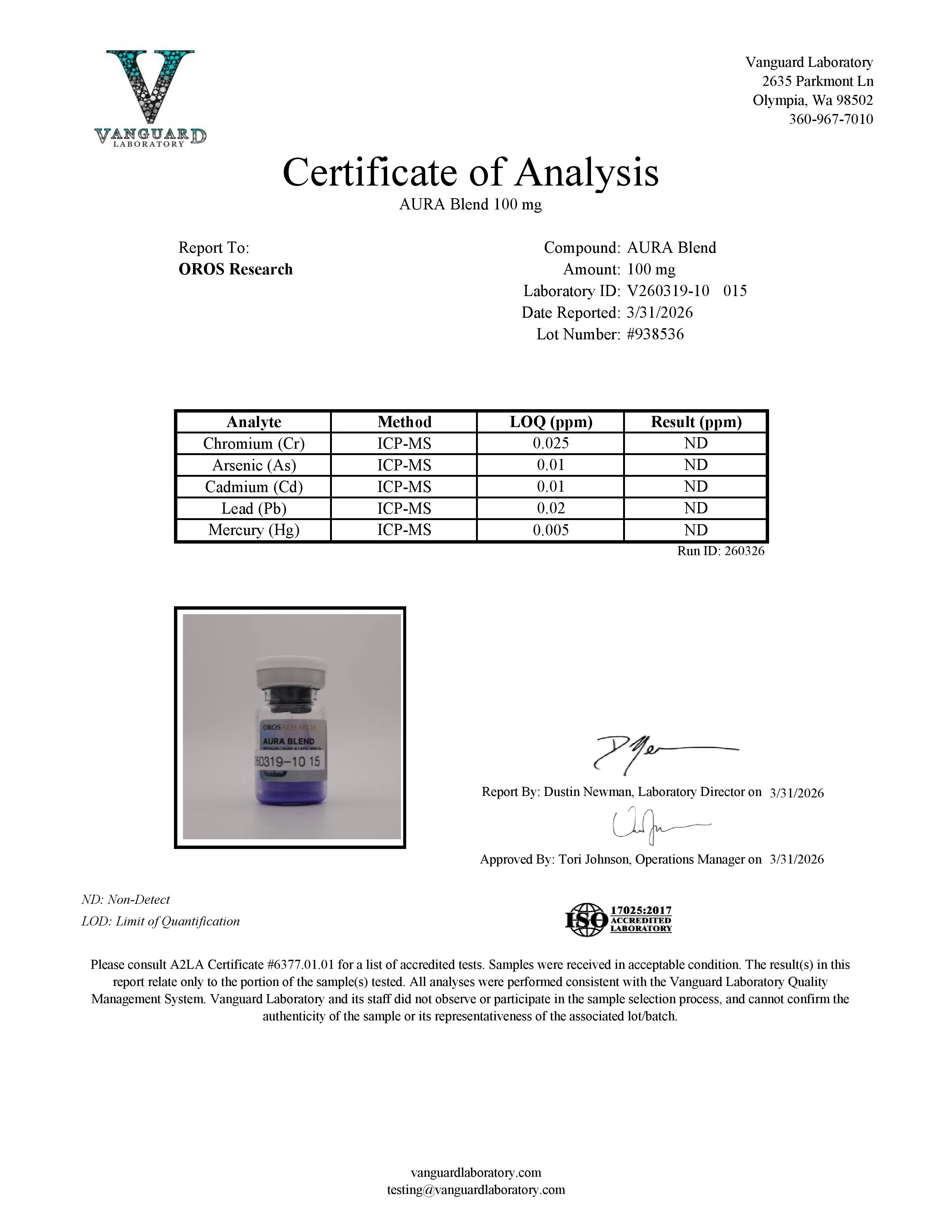 Certificate of Analysis for AURA from Oros Research
