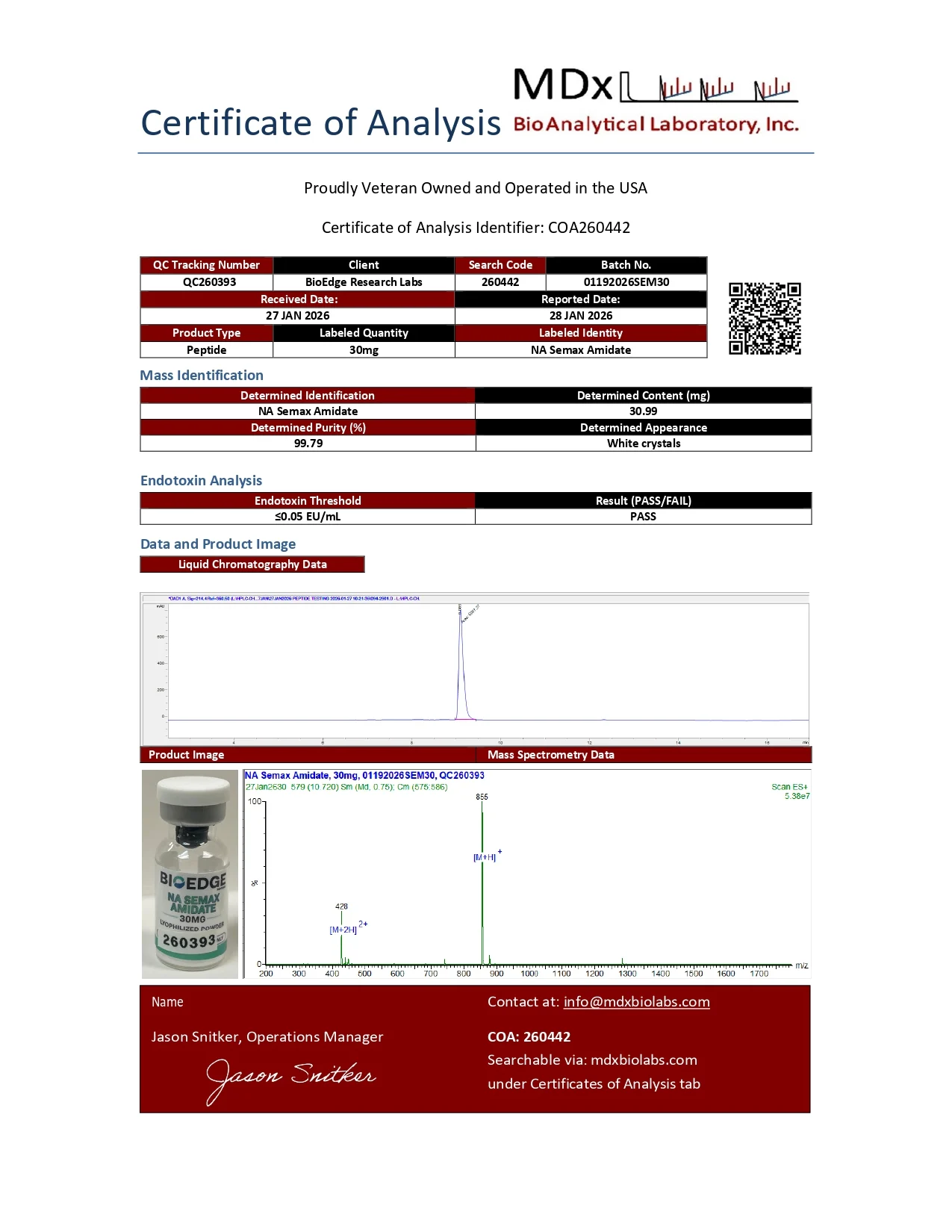 Certificate of Analysis for NA Semax Amidate from BioEdge Research Labs
