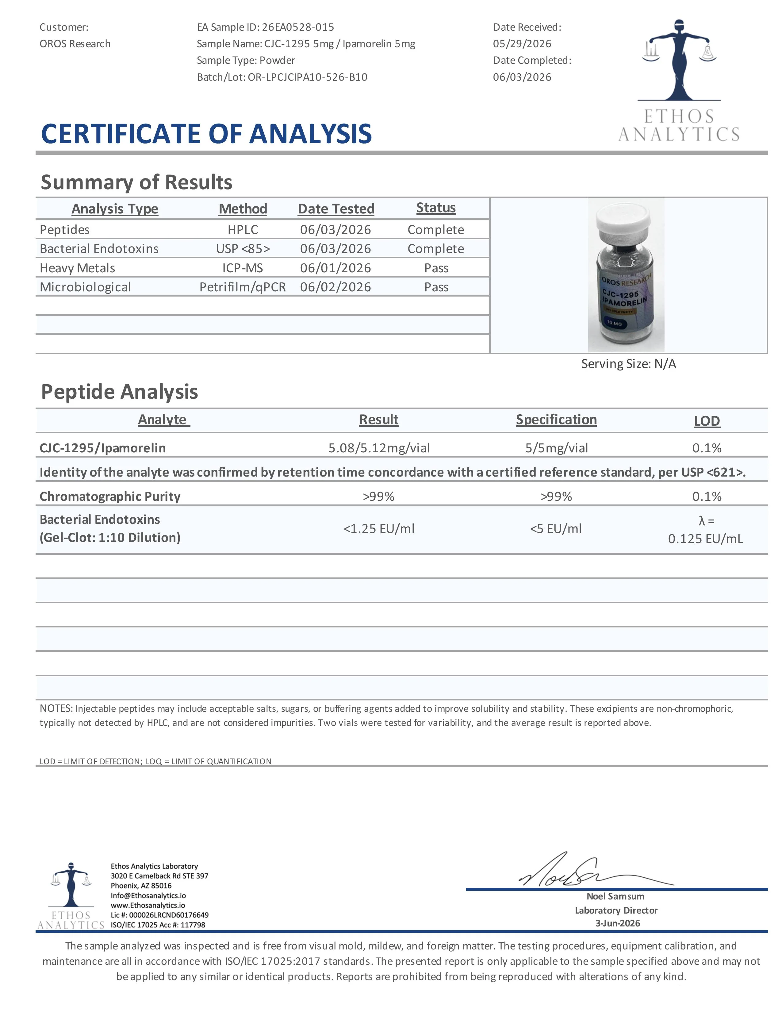 Certificate of Analysis for CJC-1295 / Ipamorelin from Oros Research