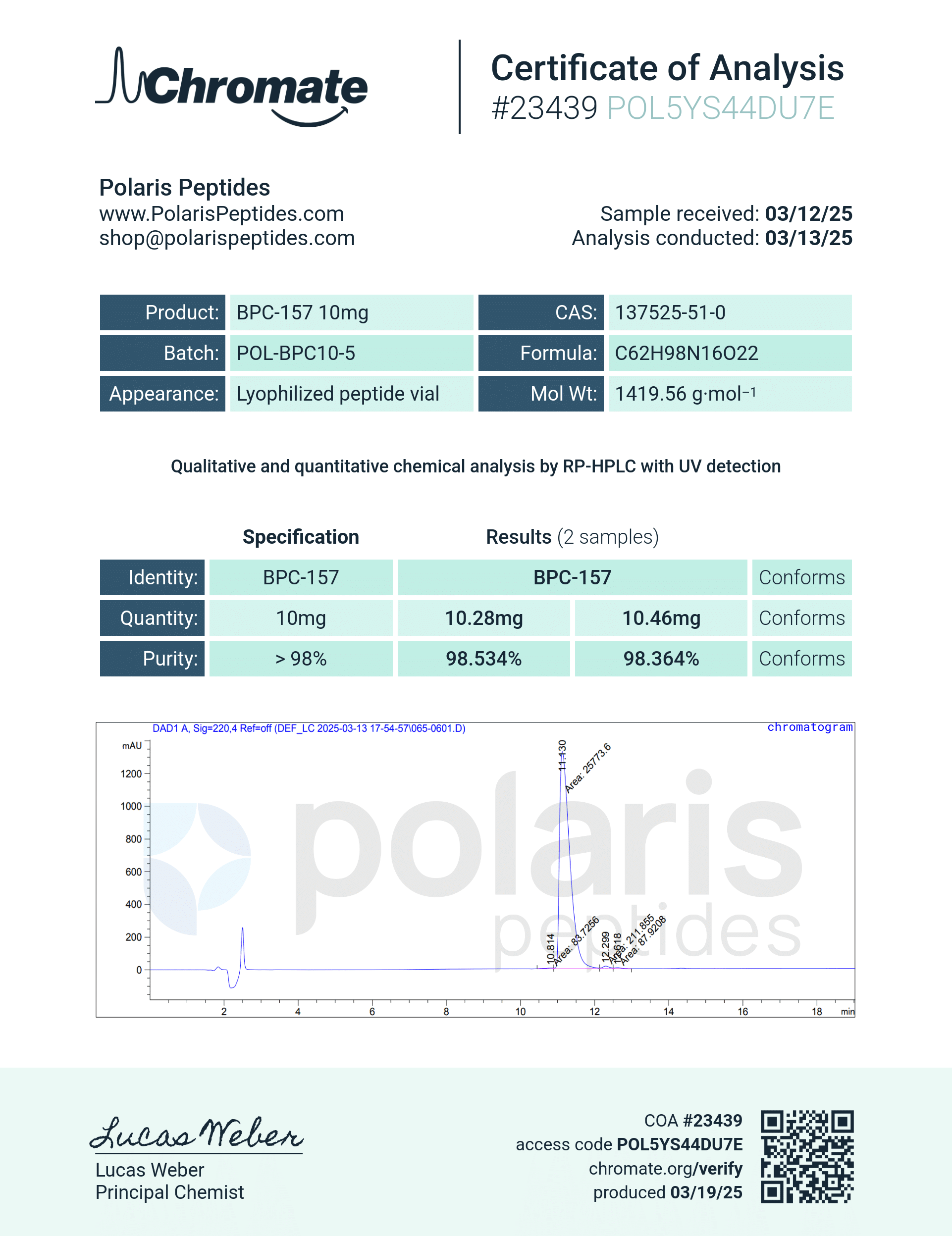 Certificate of Analysis for BPC-157 10mg from Polaris Peptides