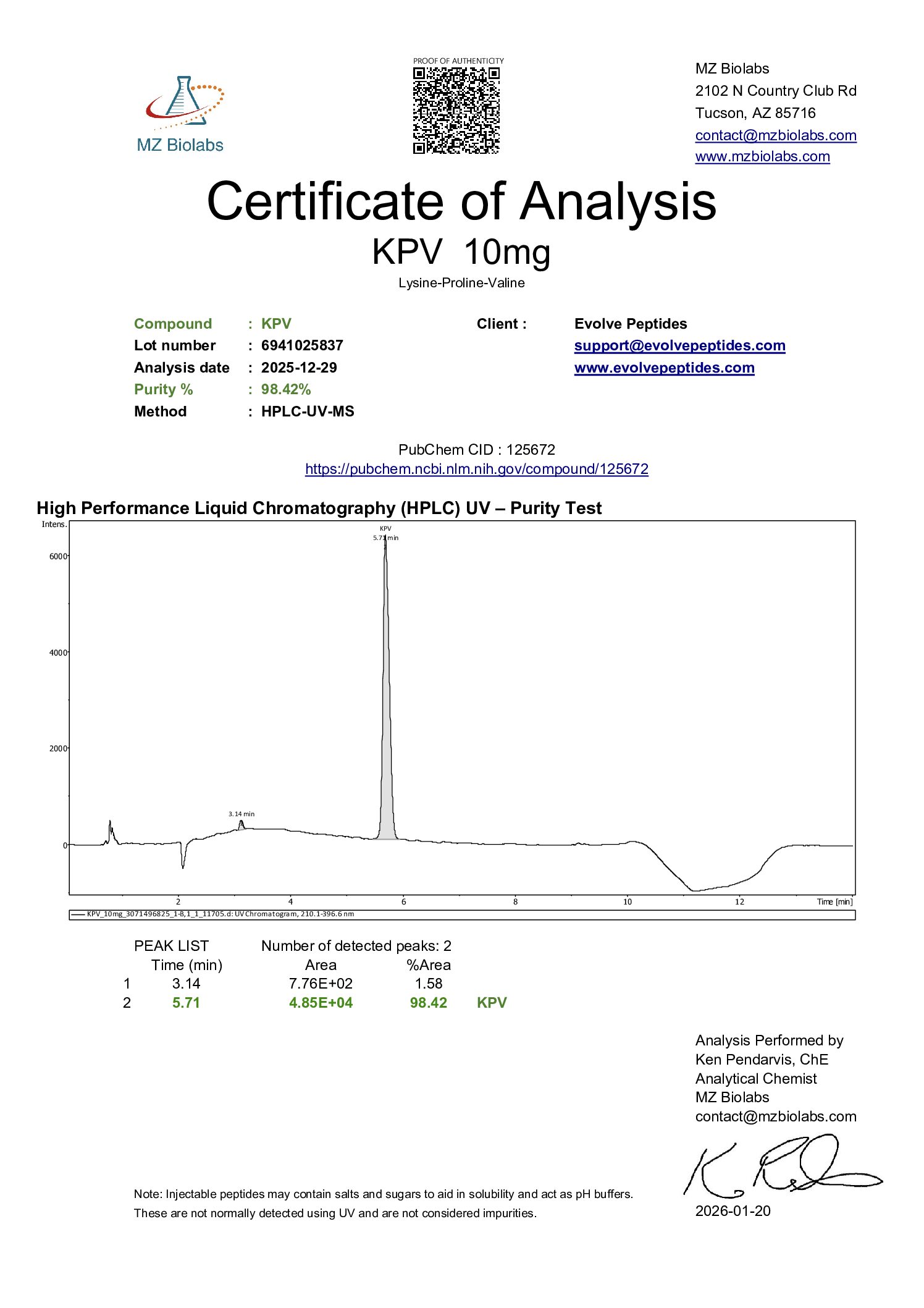 Certificate of Analysis for KPV 10 mg from Evolve Peptides