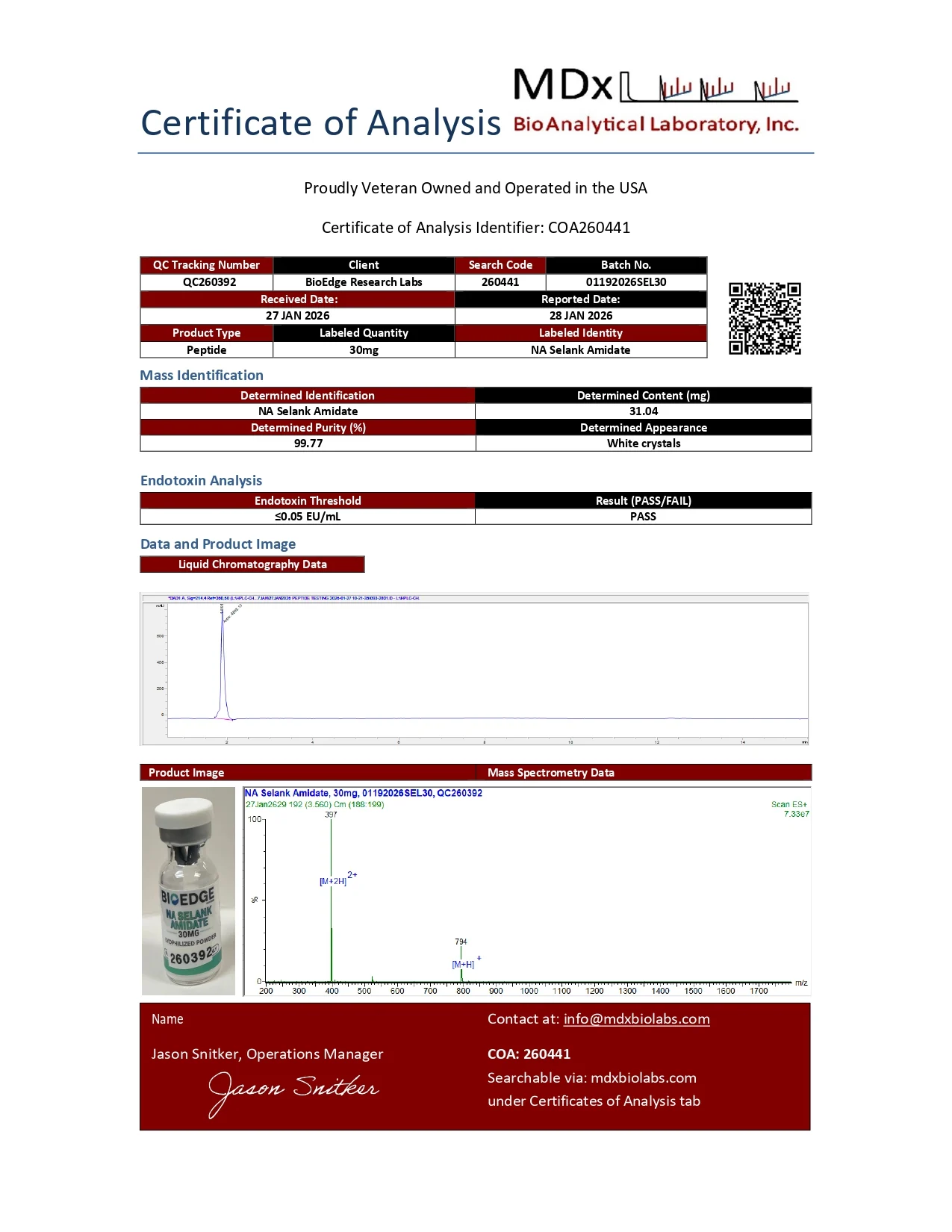 Certificate of Analysis for NA Selank Amidate from BioEdge Research Labs