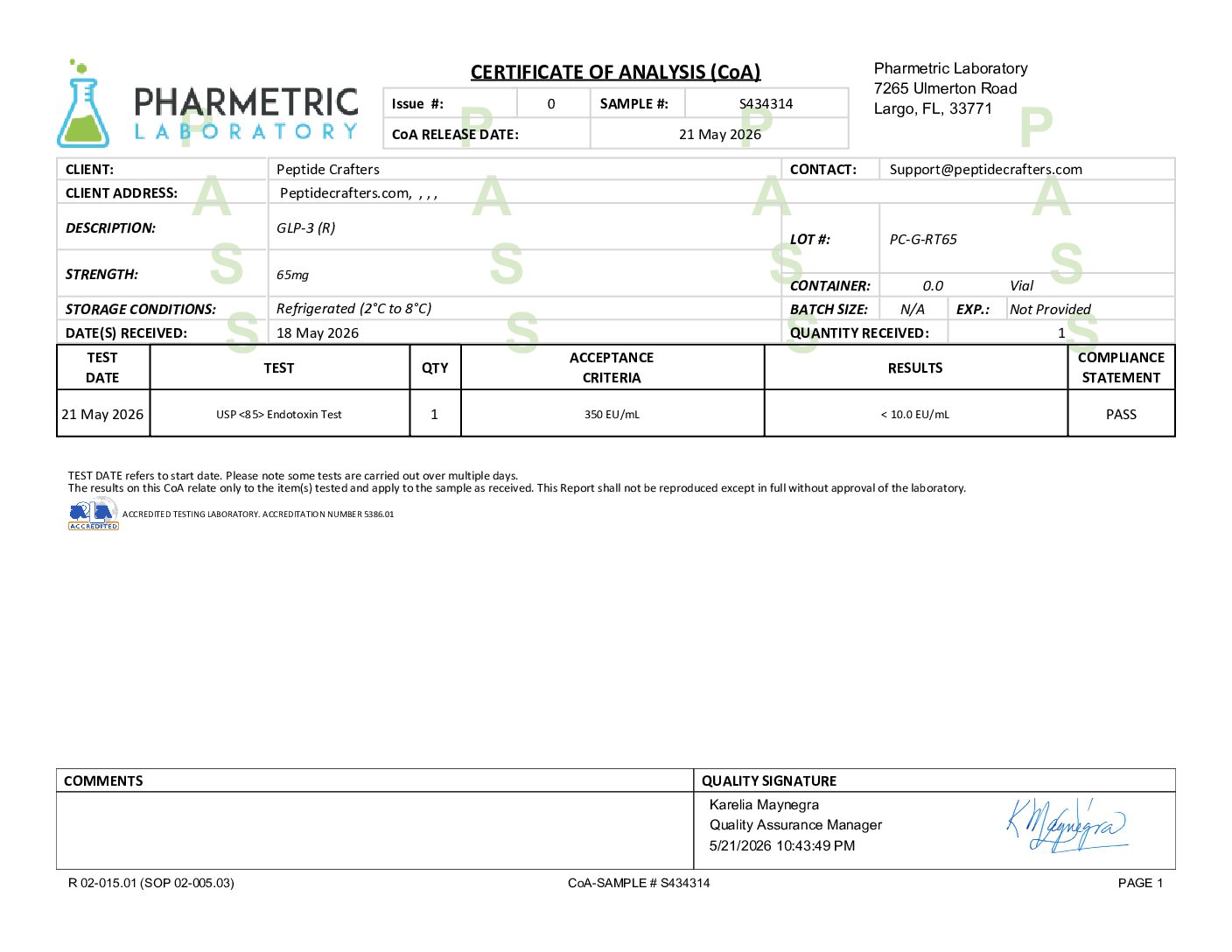 Certificate of Analysis for GLP-3 (R) 65mg in large 8mL Capacity Vial from Peptide Crafters