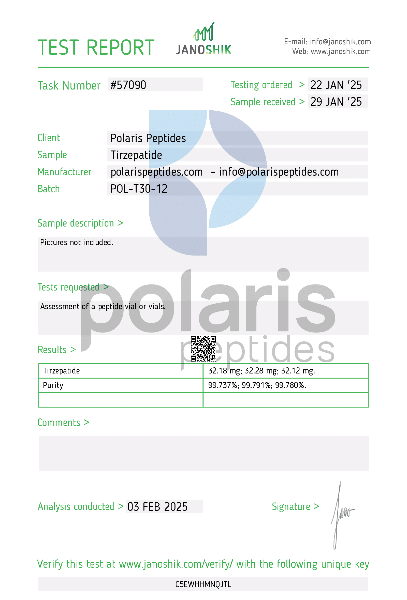 Certificate of Analysis for Tirzepatide 30mg from Polaris Peptides