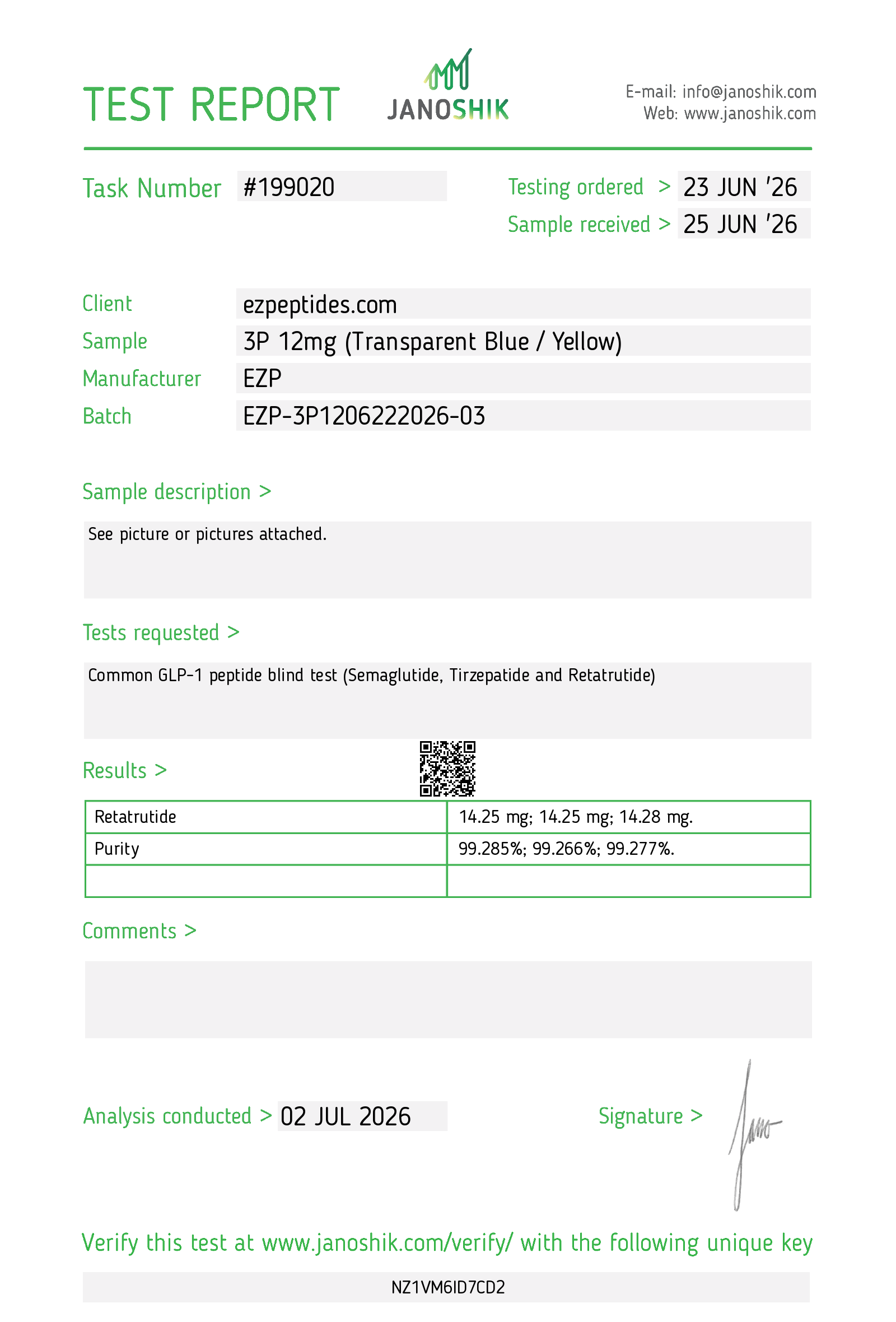 Certificate of Analysis for EZP-3P 12mg – (10 vials/Kit) from EZ Peptides