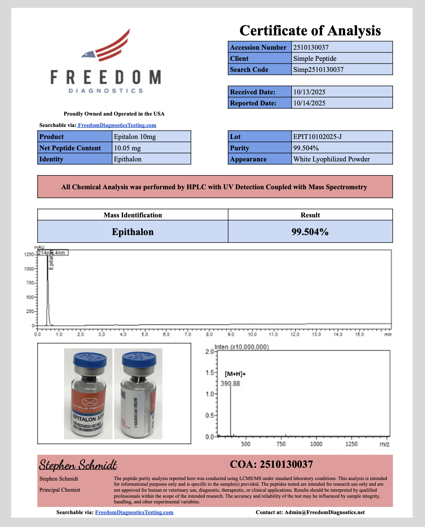 Certificate of Analysis for Epitalon from Simple Peptide