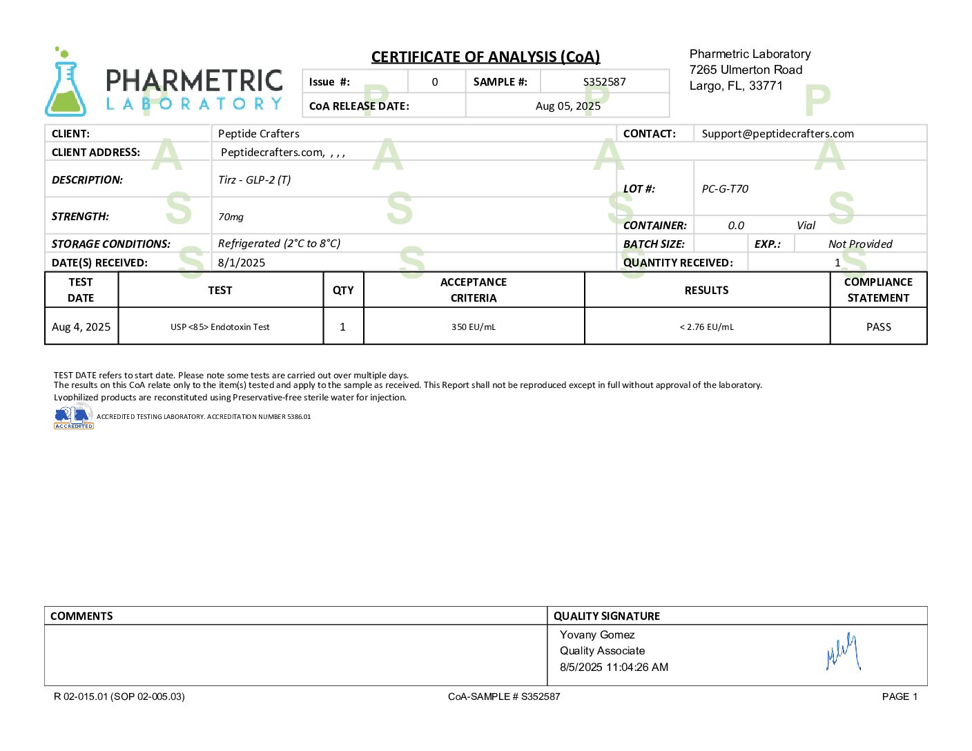 Certificate of Analysis for GLP-2 (T) 70mg - Standard 3mL Capacity Vial from Peptide Crafters