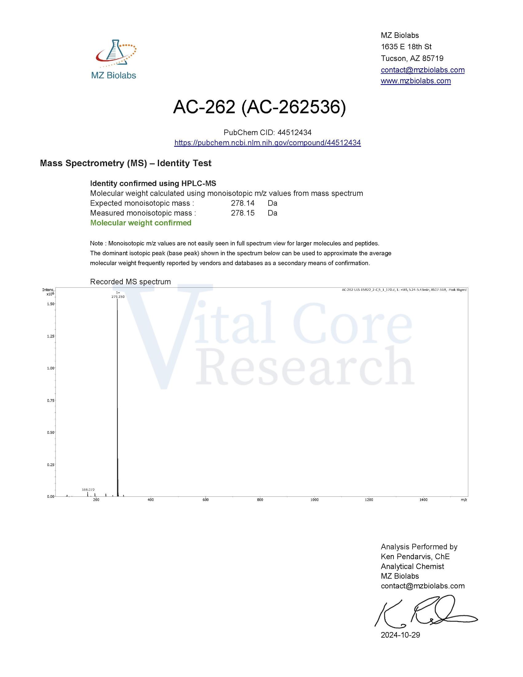Certificate of Analysis for AC-262 from Vital Core Research