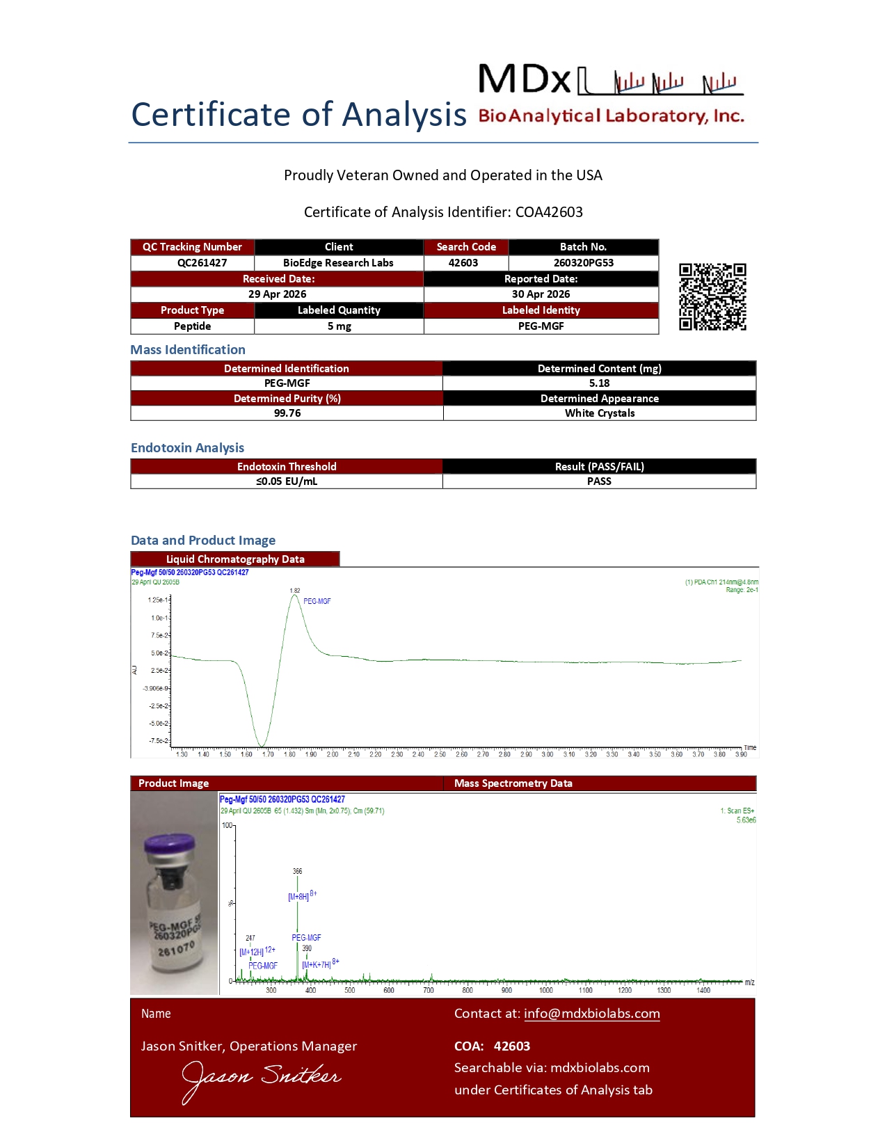 Certificate of Analysis for PEG-MGF (5mg) from BioEdge Research Labs