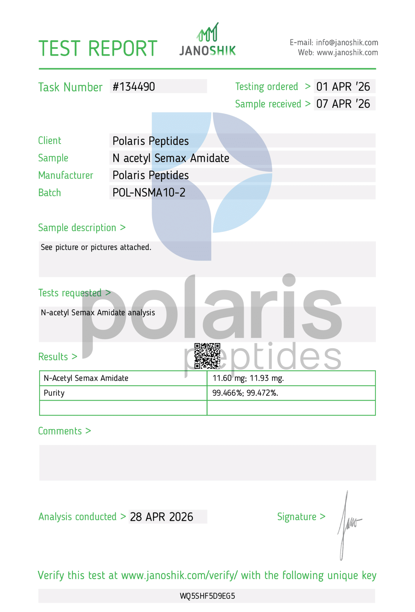 Certificate of Analysis for N-Acetyl Semax Amidate 10mg from Polaris Peptides