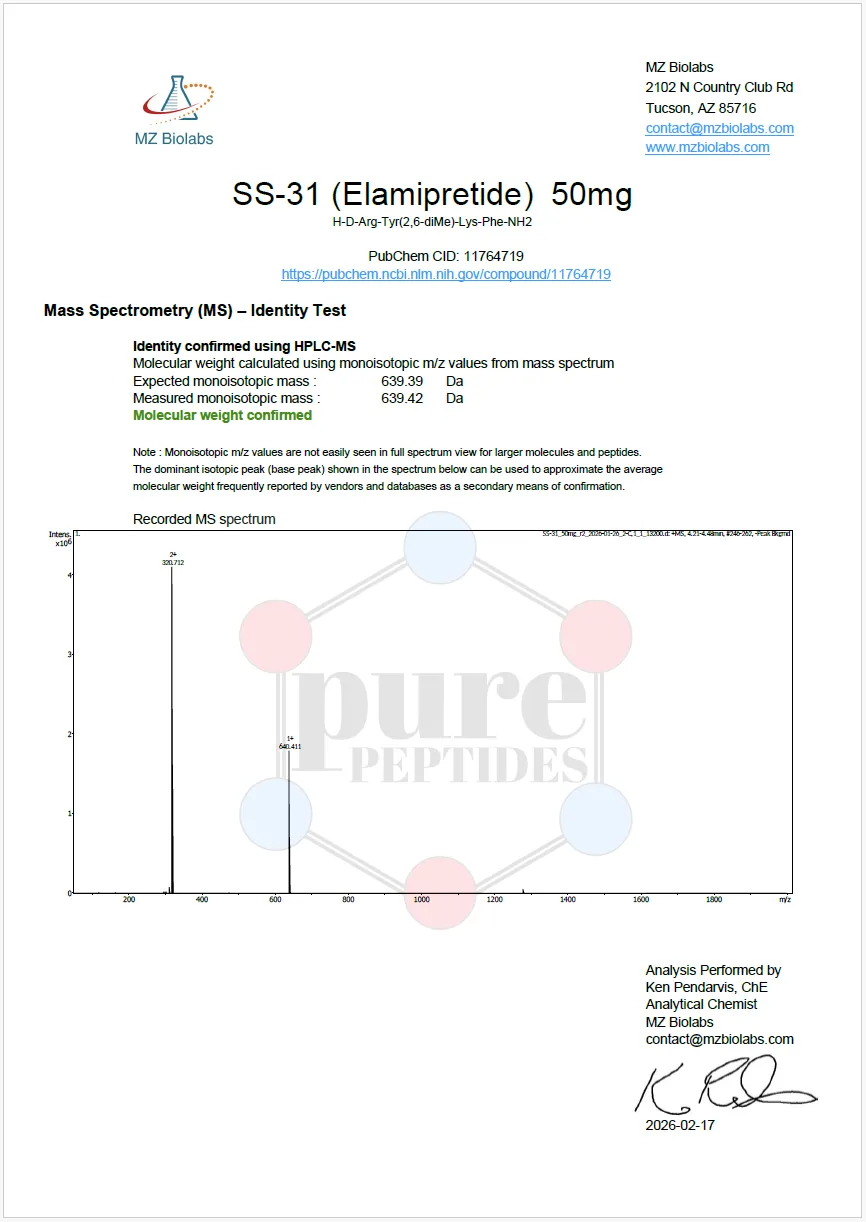 Certificate of Analysis for SS 31 50MG from Pure Peptides Bio