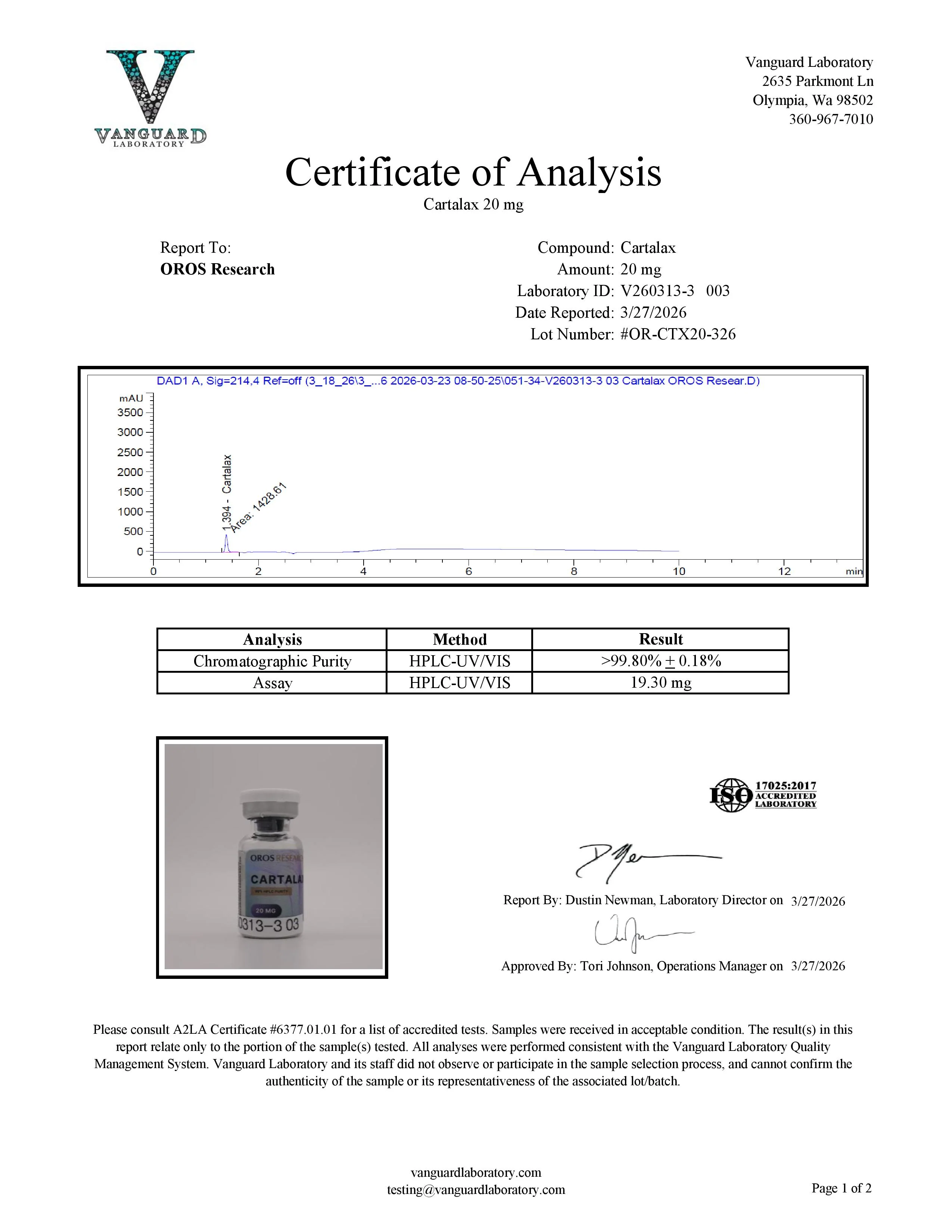 Certificate of Analysis for Cartalax from Oros Research