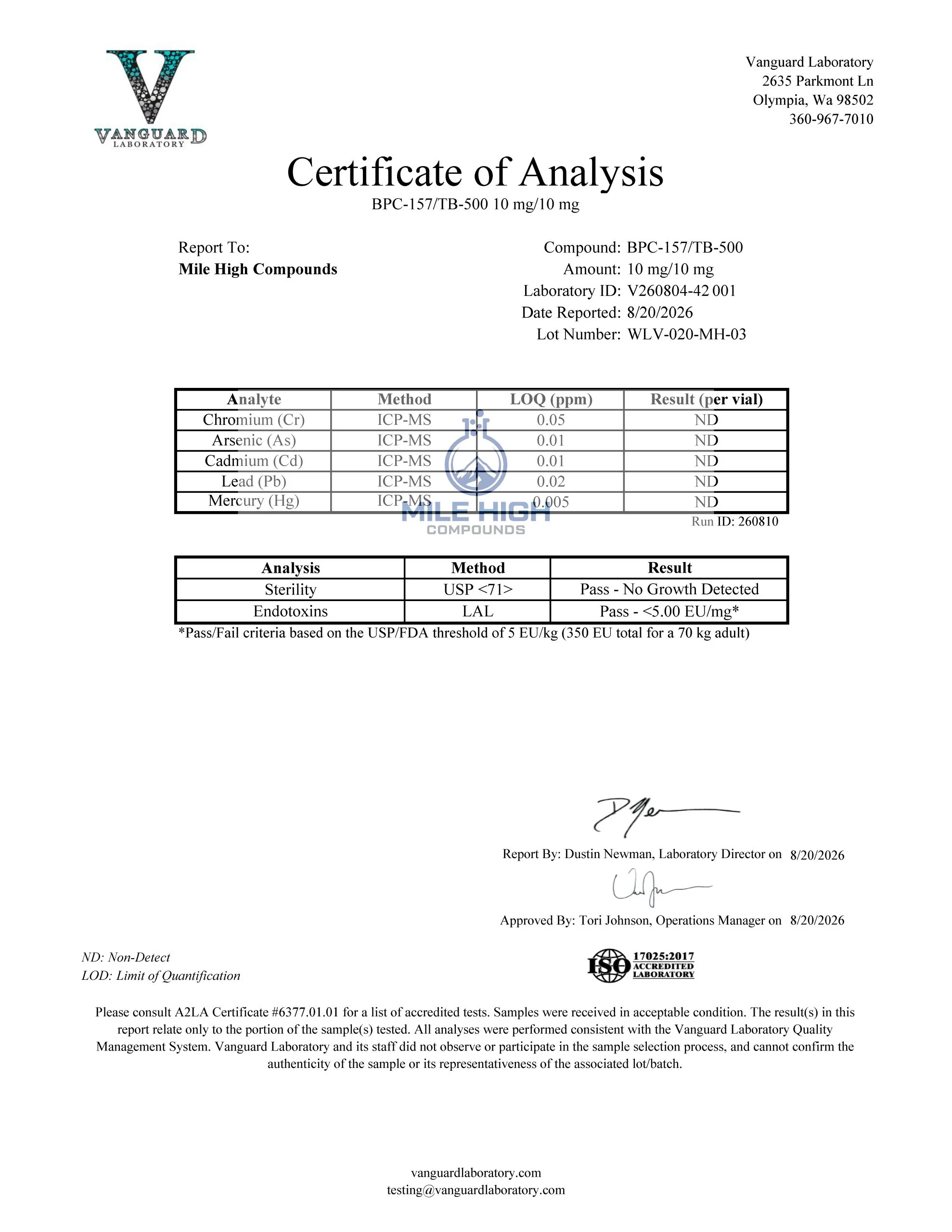 Certificate of Analysis for Bpc 157 Tb 500 Blend from Mile High Compounds