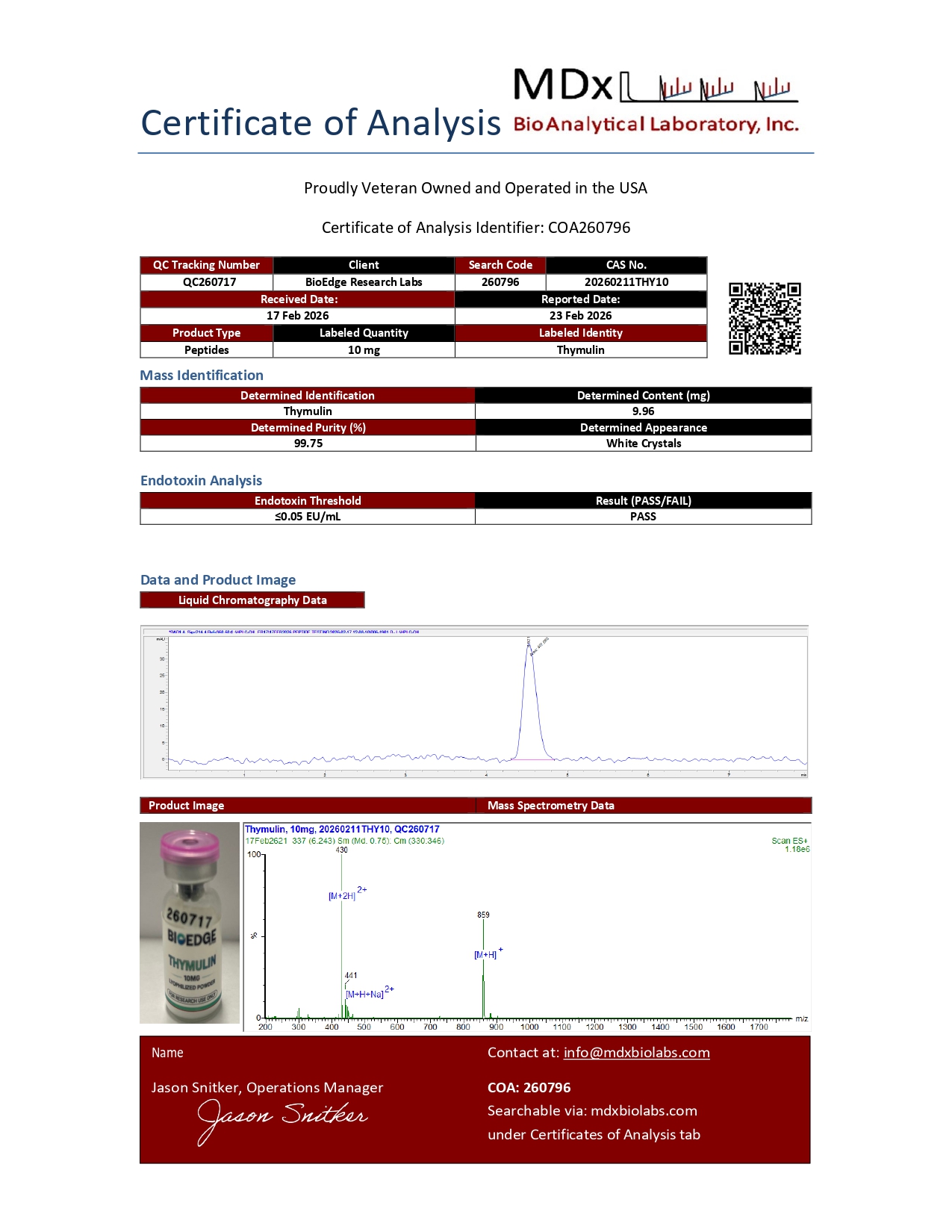 Certificate of Analysis for Thymulin (10mg) from BioEdge Research Labs