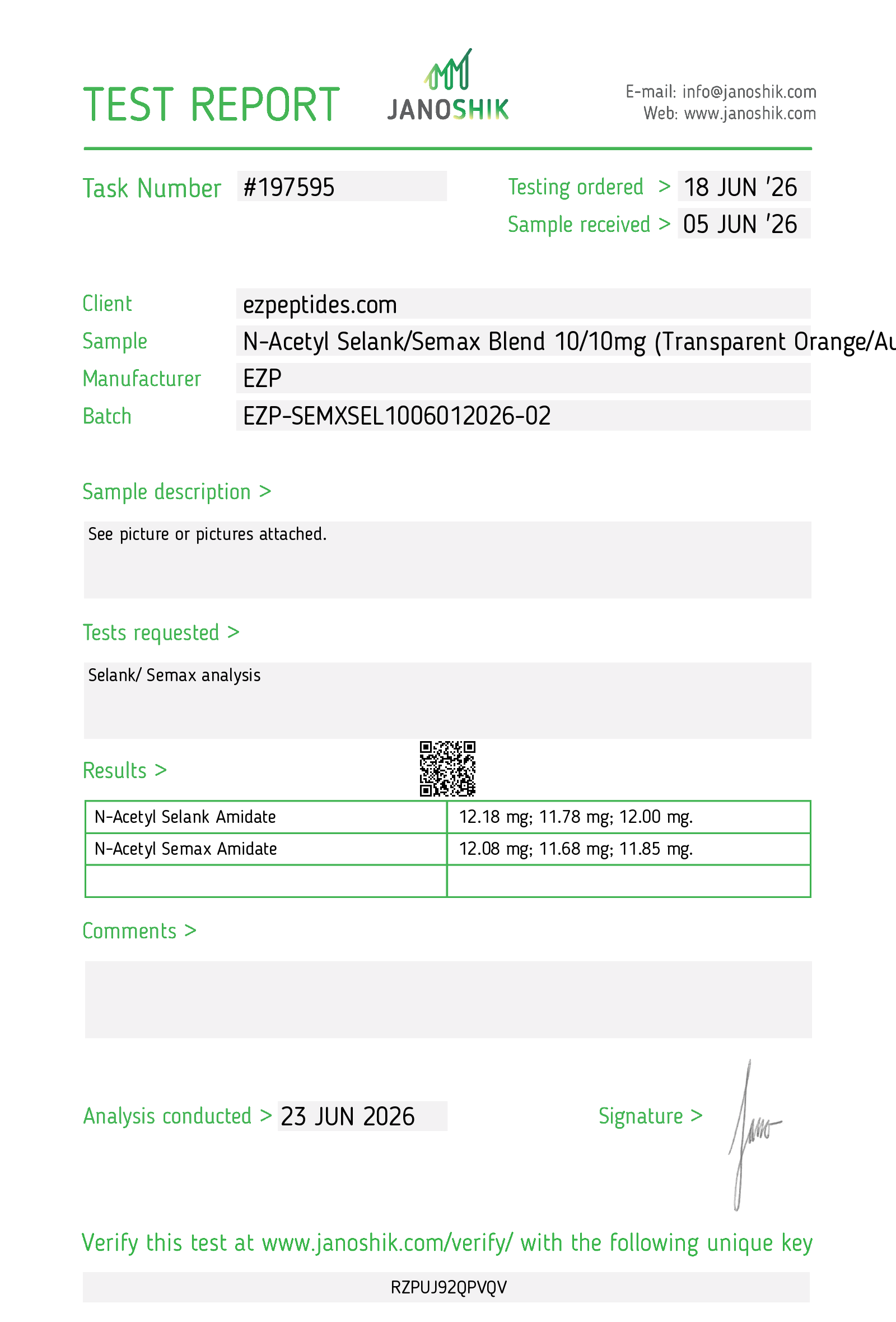 Certificate of Analysis for Semax/Selank Blend – 10mg/10mg from EZ Peptides