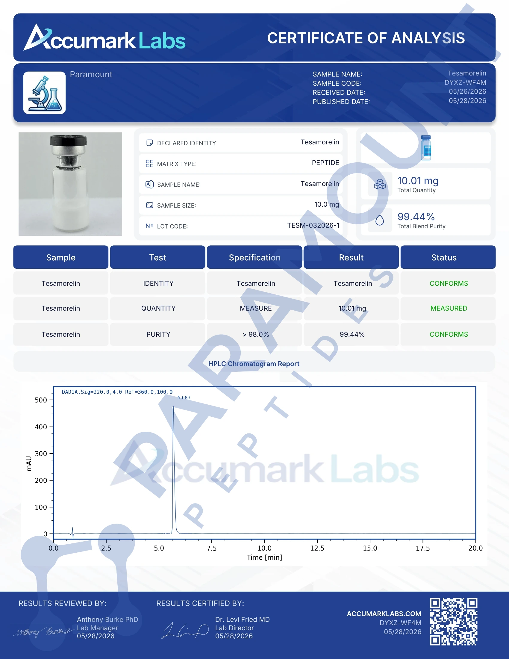 Certificate of Analysis for Tesamorelin (10mg) from Paramount Peptides