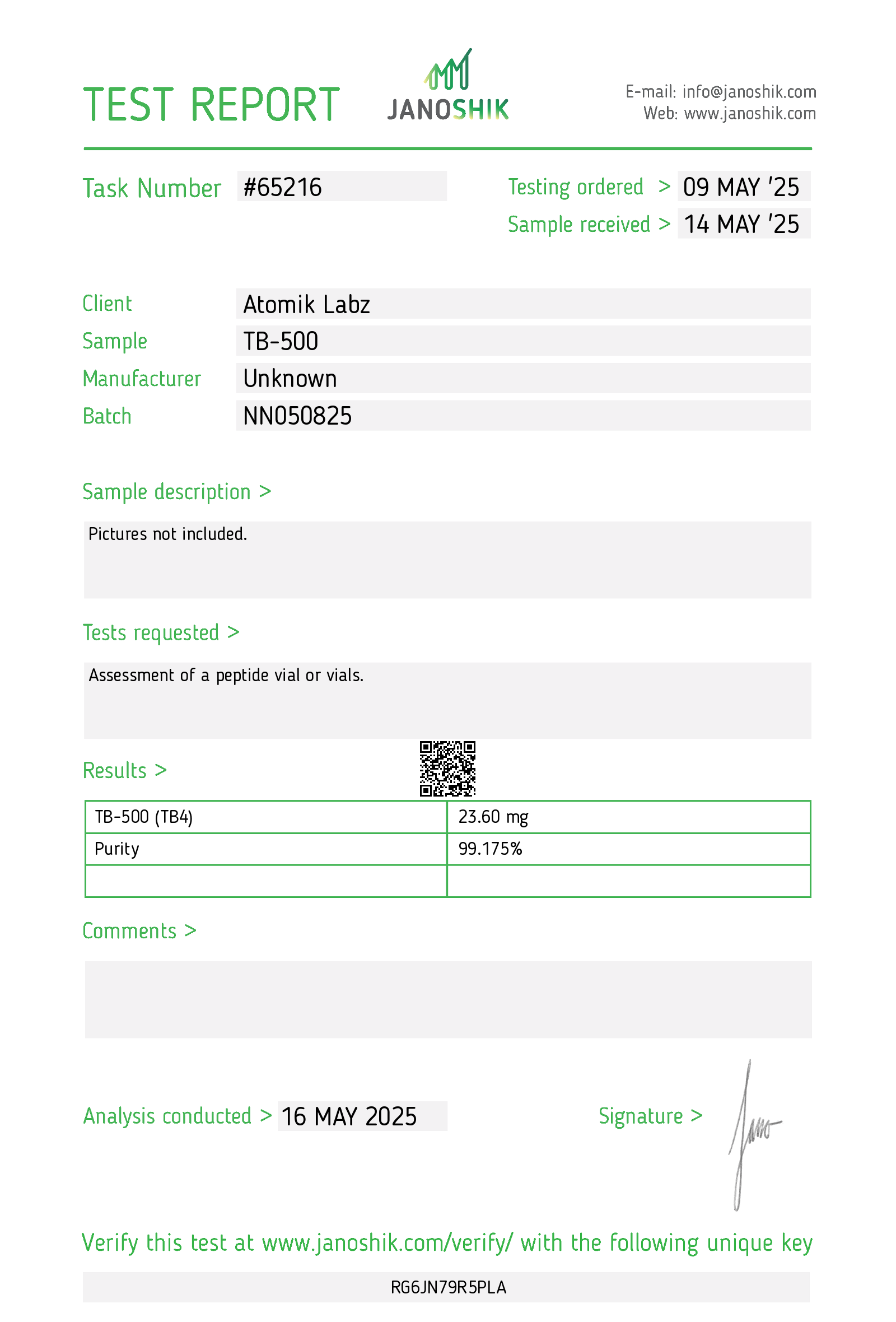 Certificate of Analysis for TB-500 from Atomik Labz