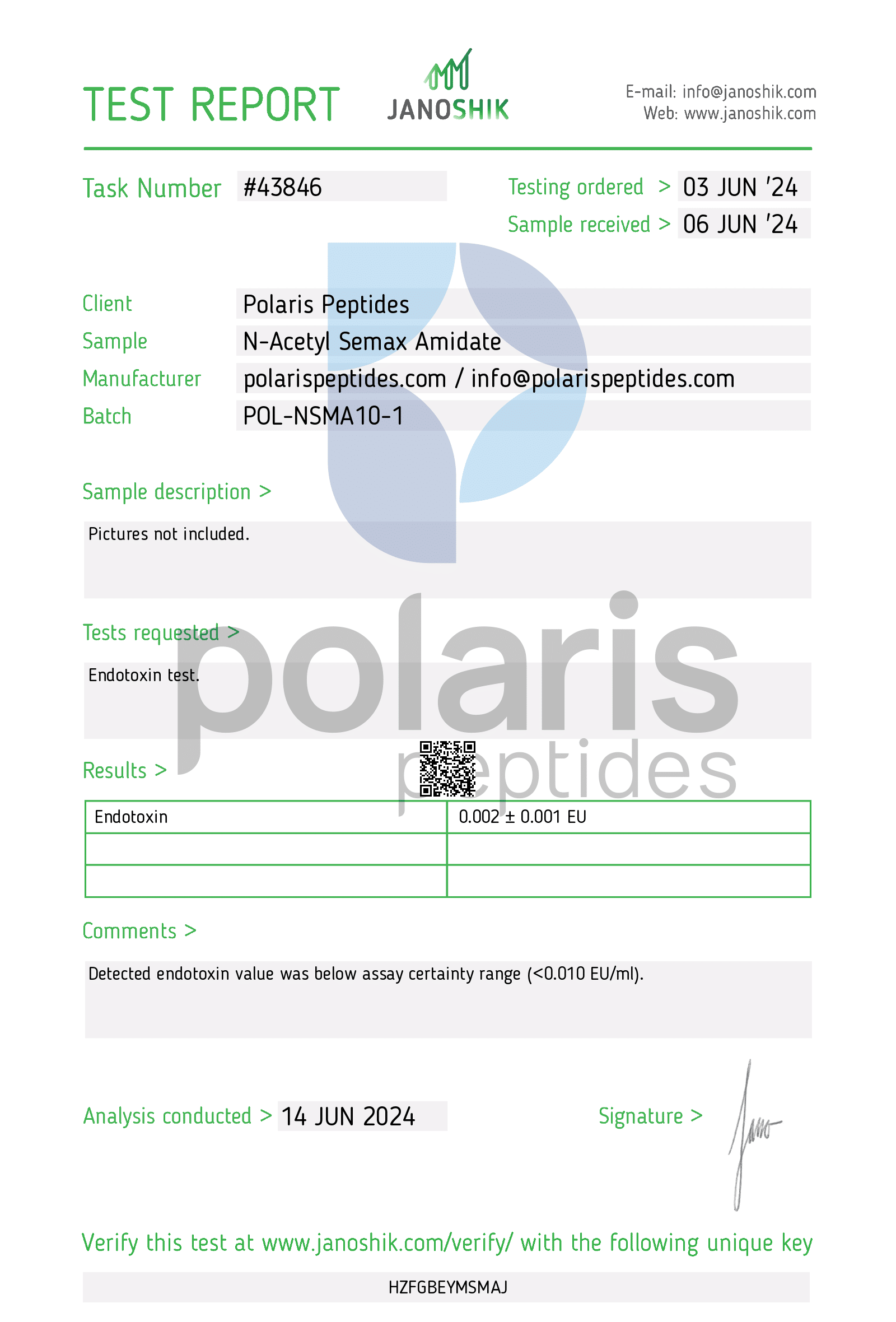 Certificate of Analysis for N-Acetyl Semax Amidate 10mg from Polaris Peptides