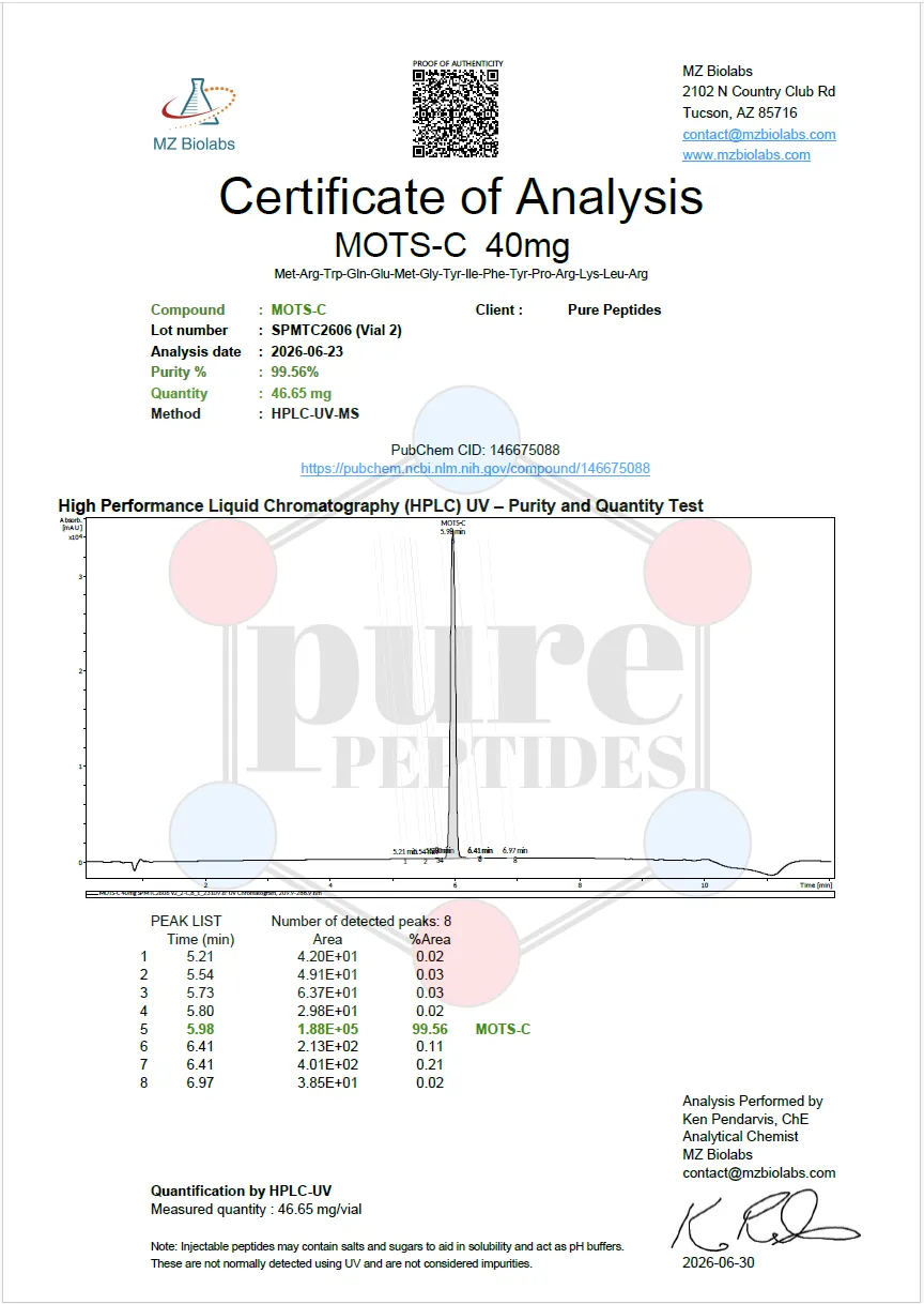 Certificate of Analysis for BUY MOTS C 40MG from Pure Peptides Bio