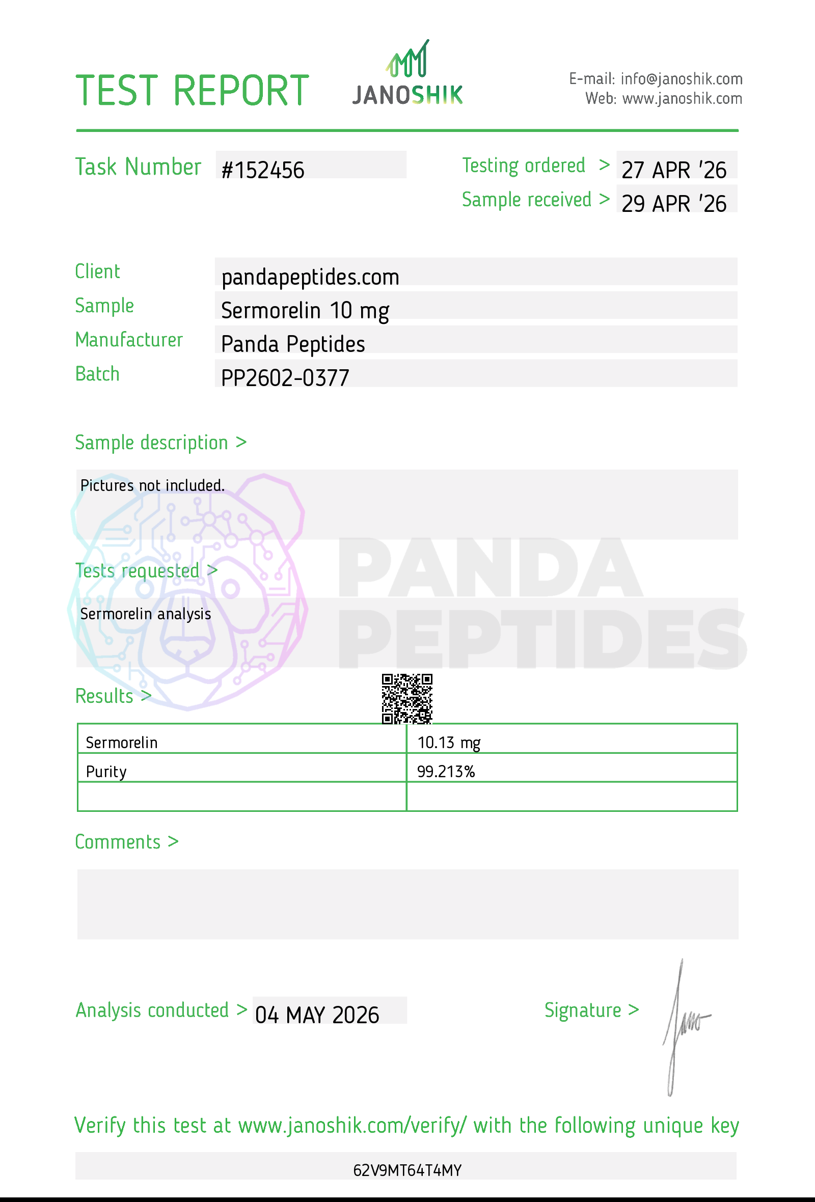 Certificate of Analysis for Sermorelin 10mg from Panda Peptides