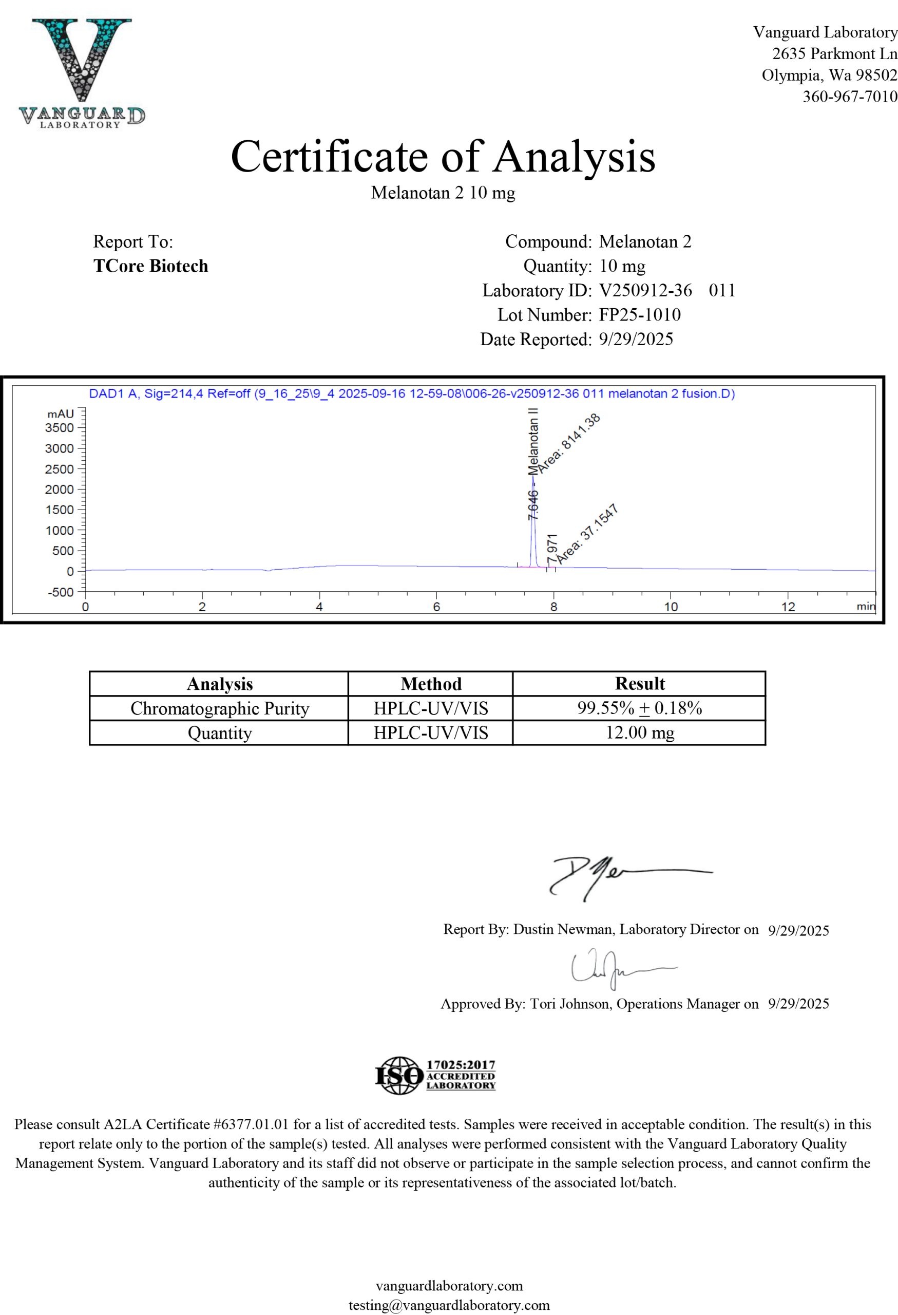 Certificate of Analysis for Melanotan 2 from TCore Biotech