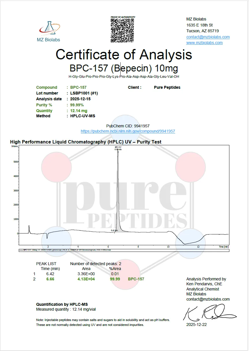 Certificate of Analysis for BPC 157 10MG from Pure Peptides Bio