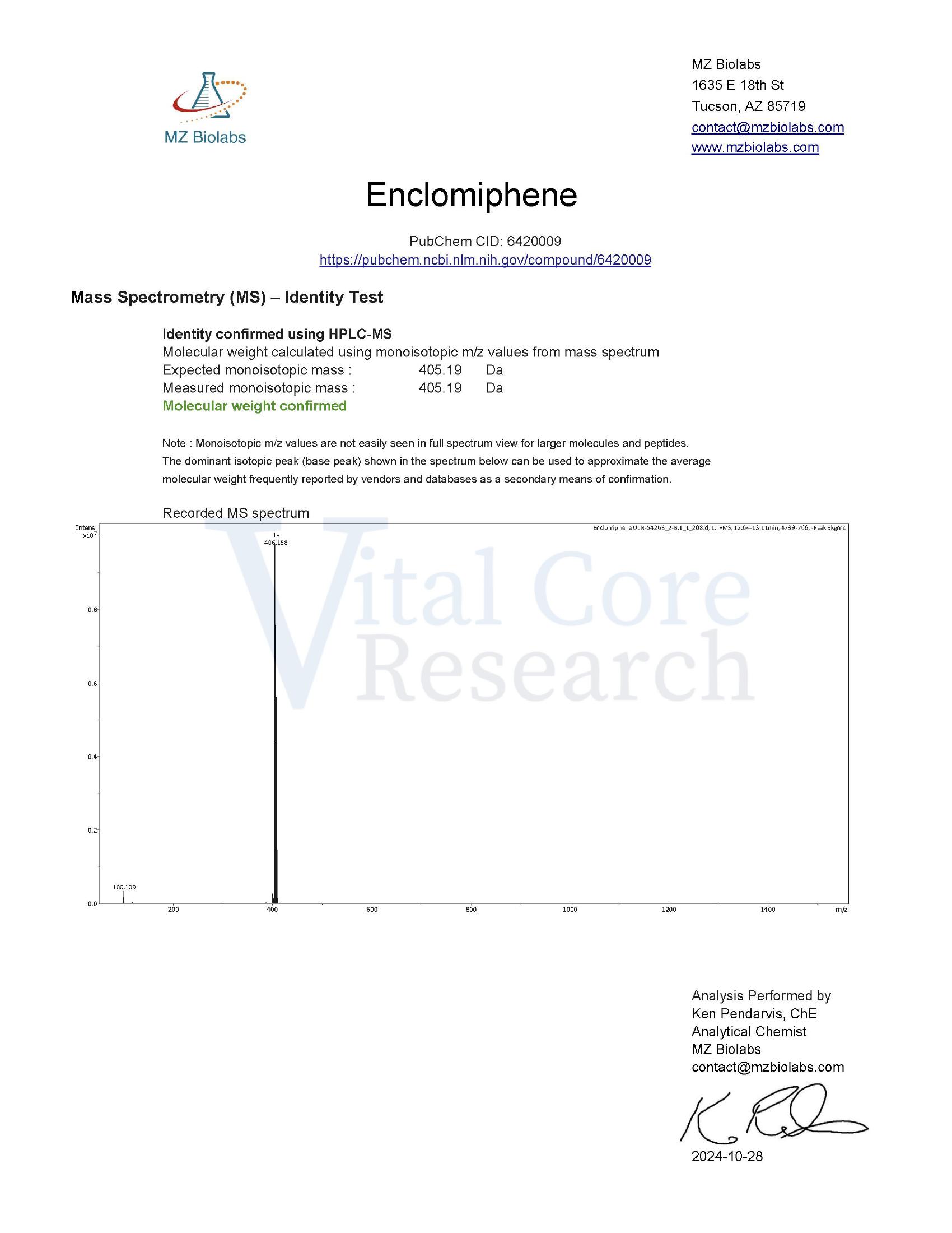 Certificate of Analysis for Enclomiphene from Vital Core Research