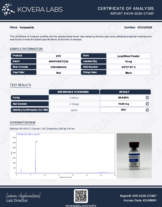 Certificate of Analysis for KPV 10mg from Genpeptide