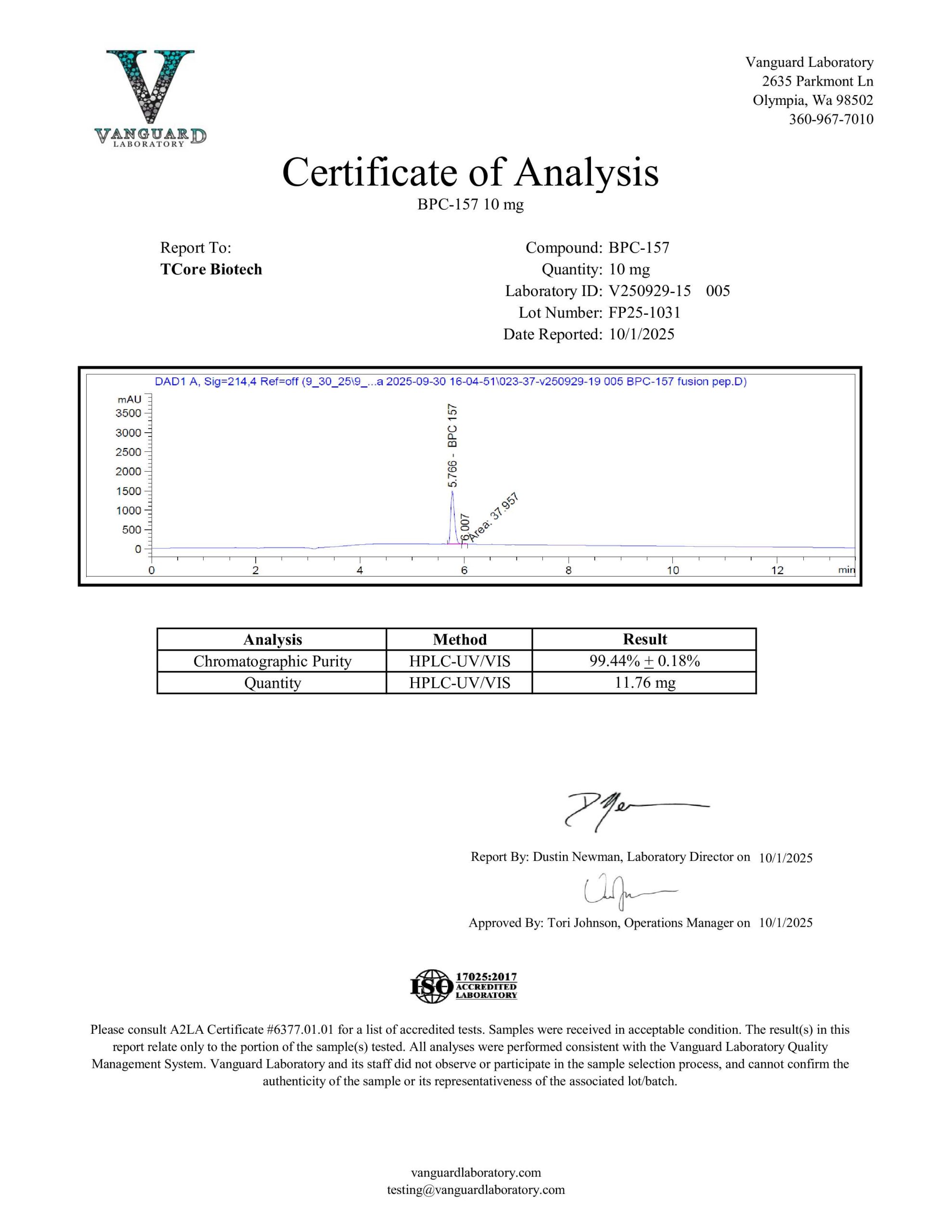 Certificate of Analysis for BPC 157 from TCore Biotech