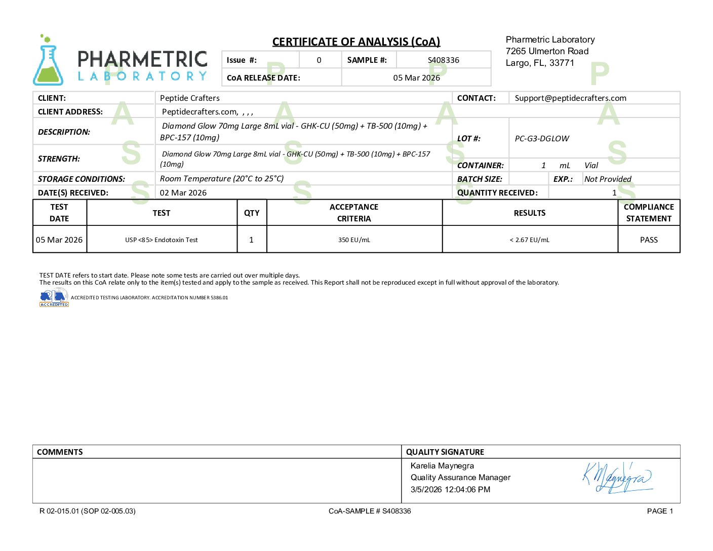 Certificate of Analysis for Diamond Glow 70mg Large 8mL vial - GHK-CU (50mg) + TB-500 (10mg) + BPC-157 (10mg) from Peptide Crafters