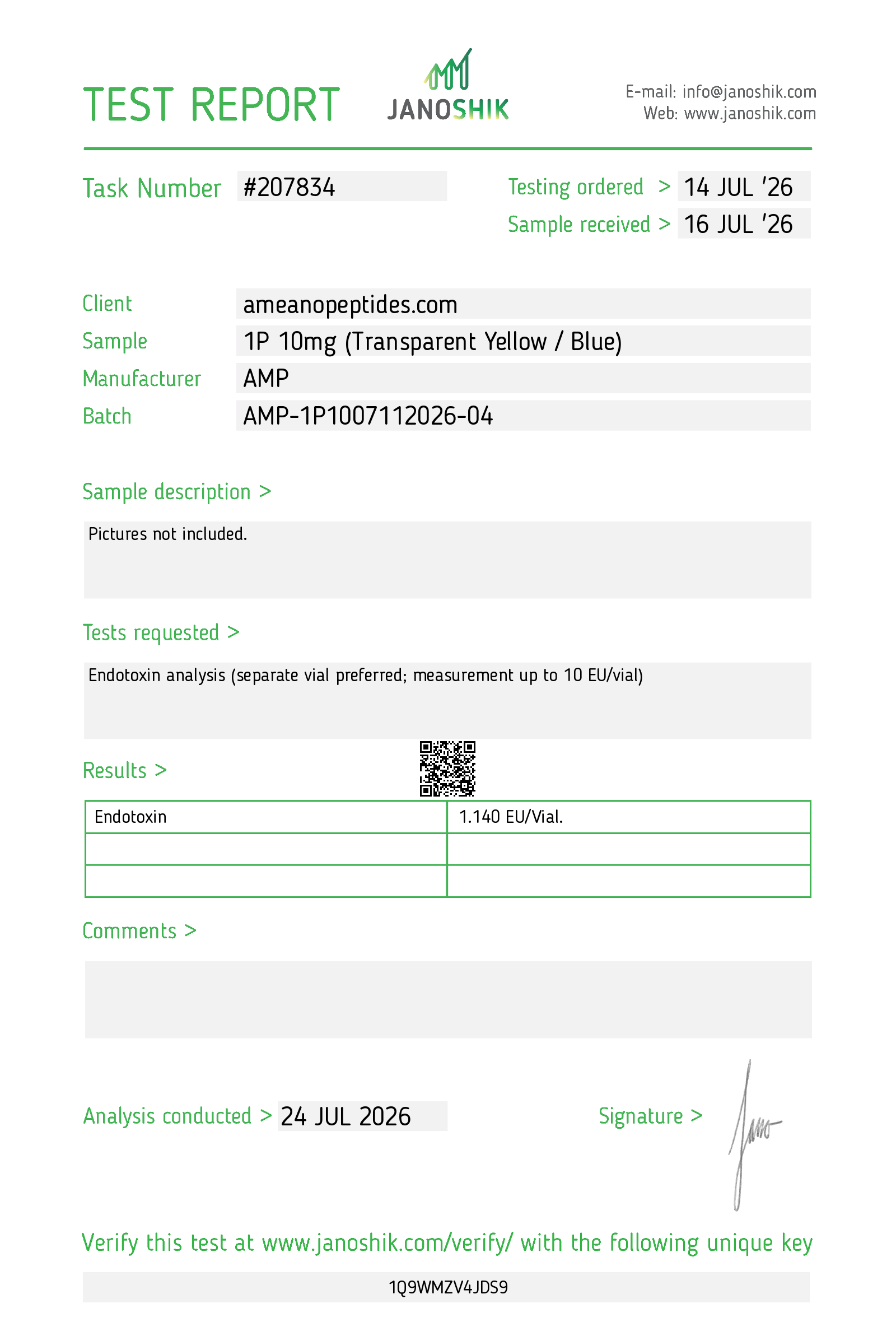 Certificate of Analysis for AMP-1P 10mg from Ameano Peptides