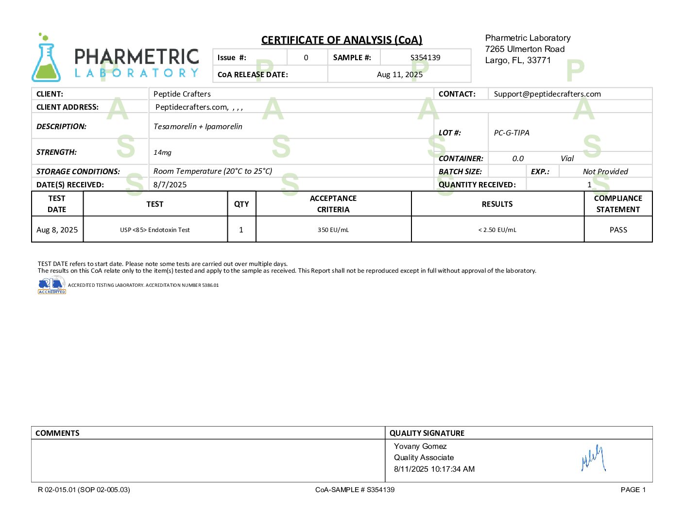 Certificate of Analysis for Tesamorelin (11mg) + Ipamorelin (3mg) Blend from Peptide Crafters
