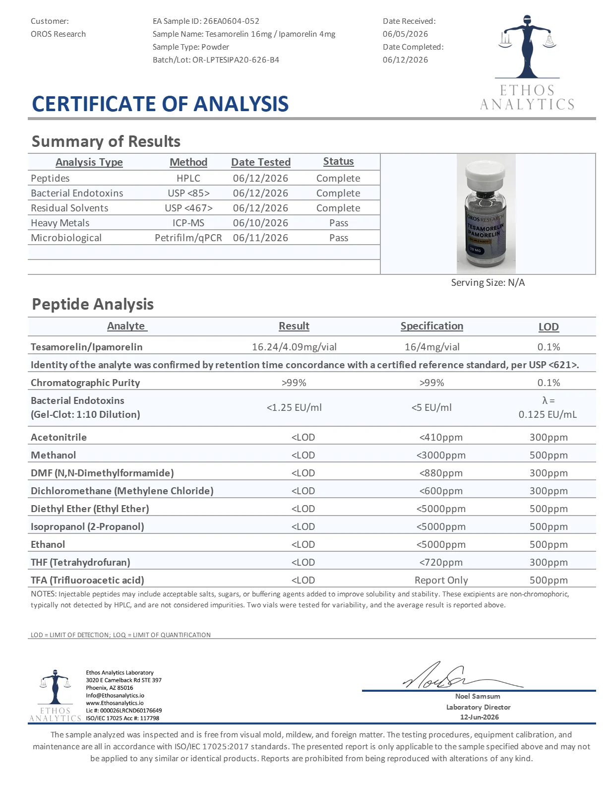 Certificate of Analysis for Tesamorelin / Ipamorelin from Oros Research