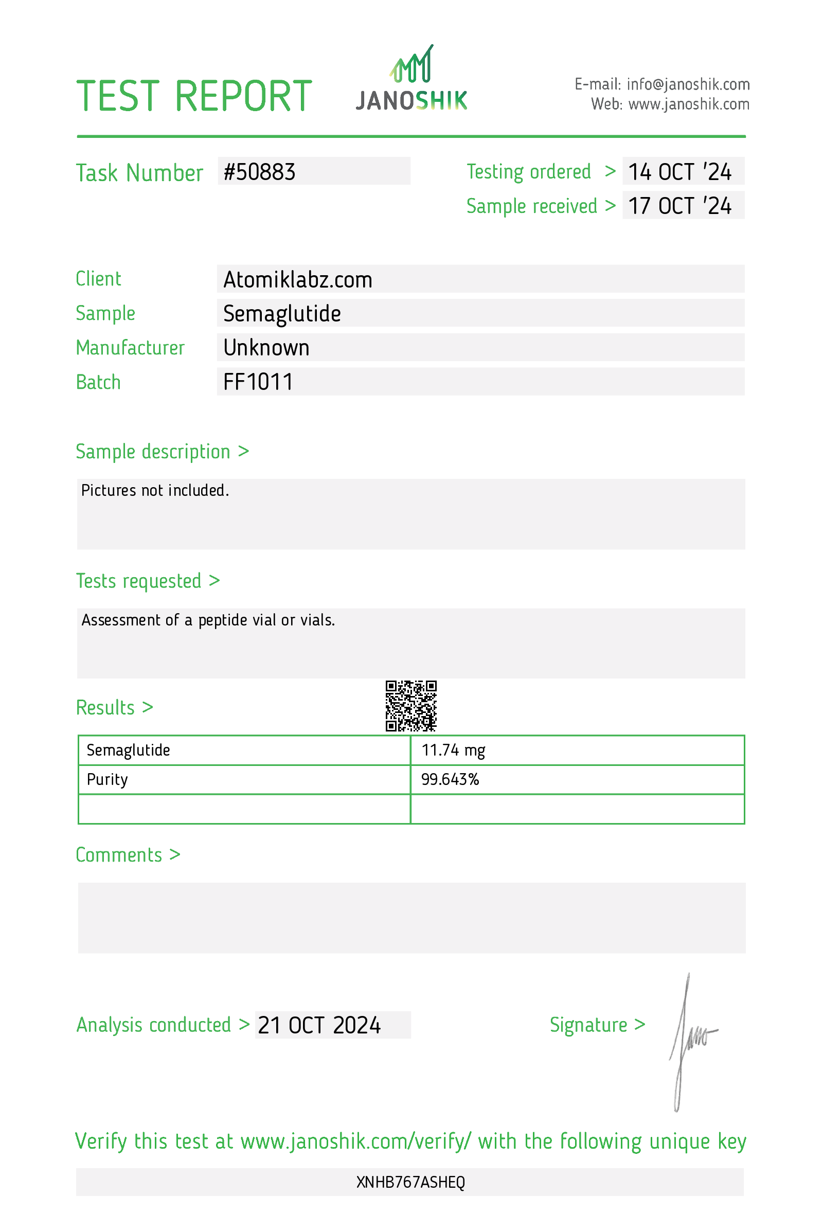 Certificate of Analysis for Semaglutide from Atomik Labz