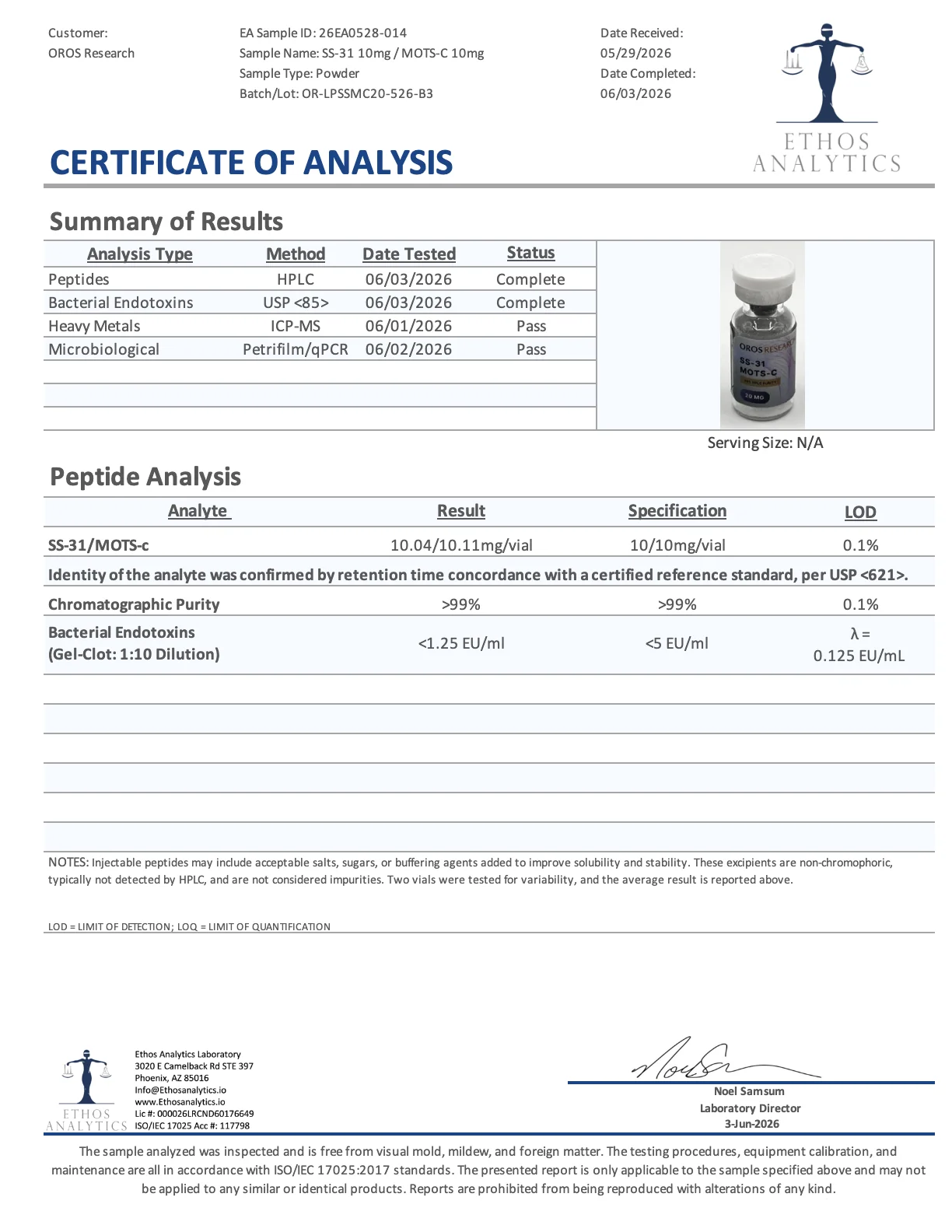 Certificate of Analysis for SS-31, MOTS-C Blend from Oros Research