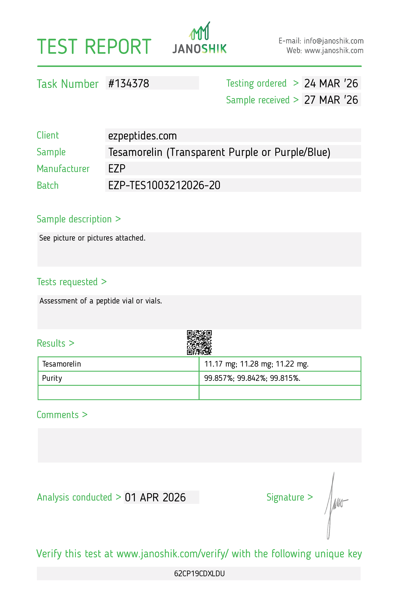 Certificate of Analysis for Tesamorelin 10mg from EZ Peptides