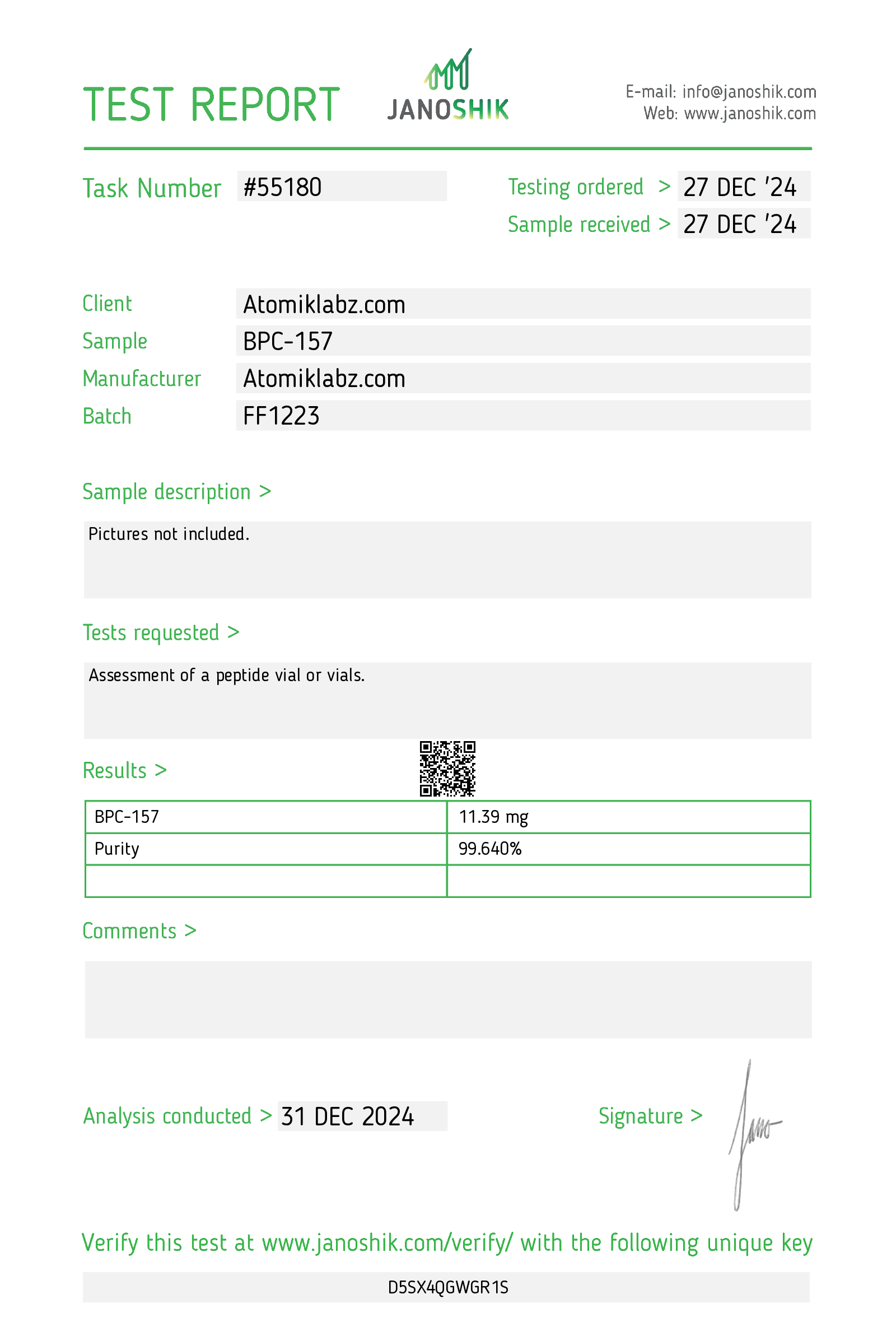 Certificate of Analysis for BPC-157 from Atomik Labz
