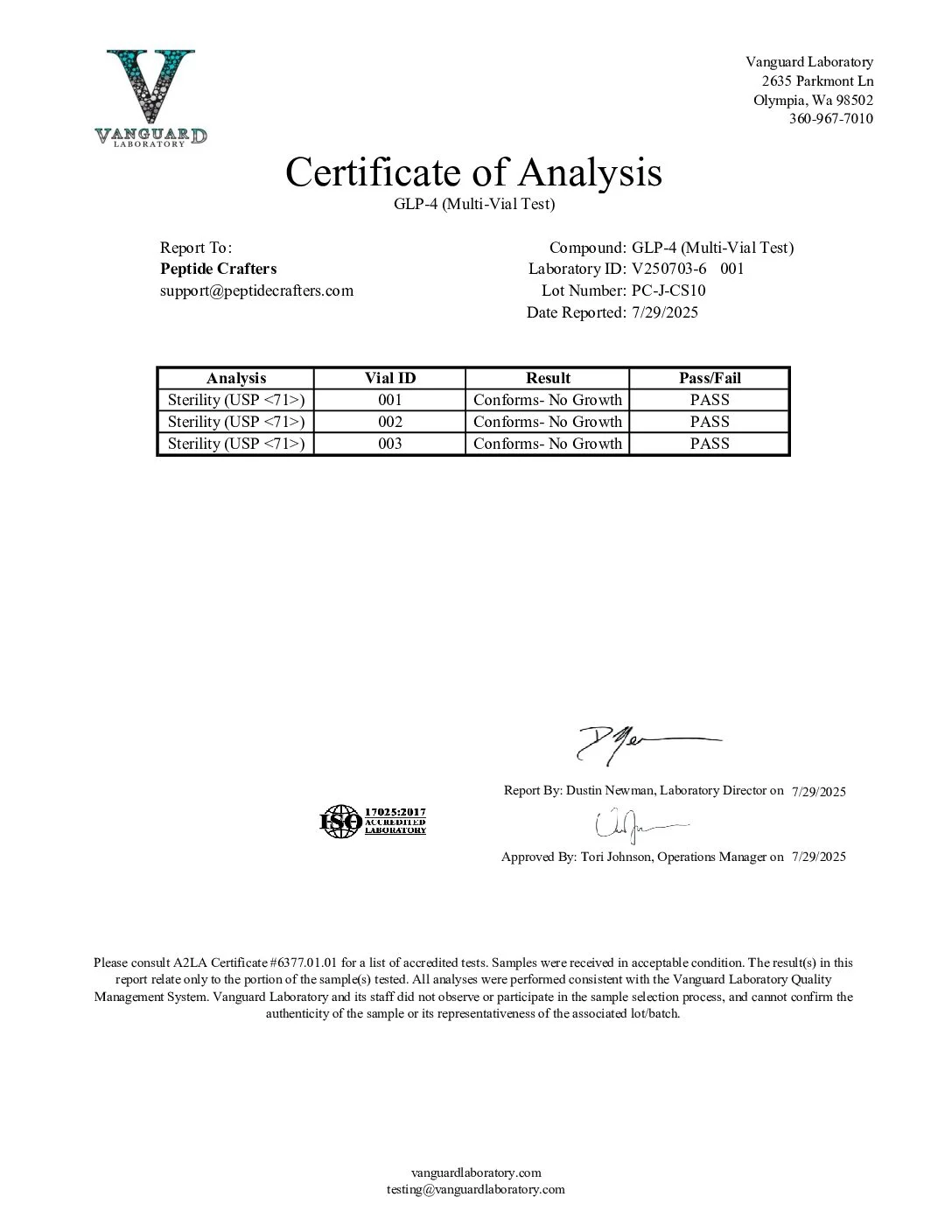 Certificate of Analysis for GLP-4 (C+S) 10mg (5/5mg Blend) from Peptide Crafters