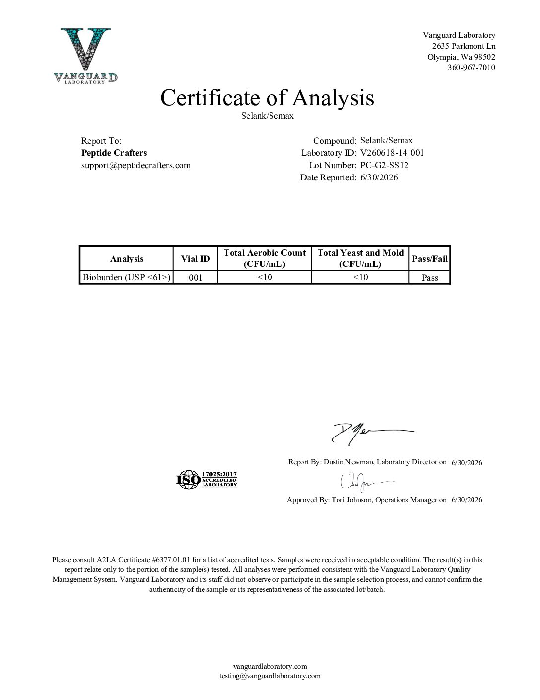 Certificate of Analysis for Selank & Semax 10mg (5/5mg) Blend from Peptide Crafters