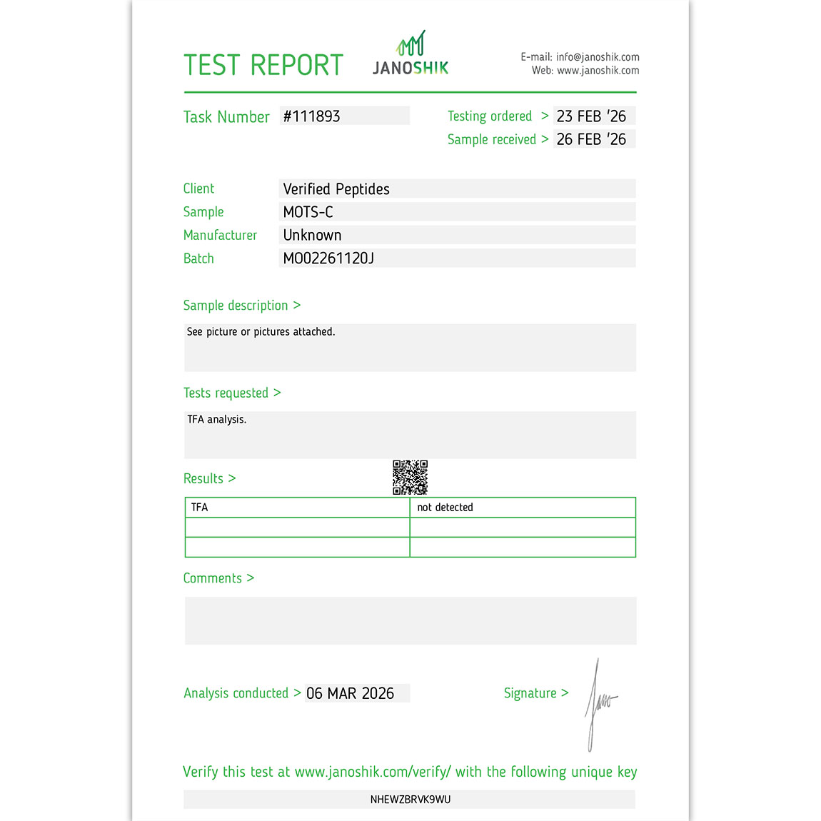 Certificate of Analysis for MOTS-C Peptide (20MG) from Verified Peptides