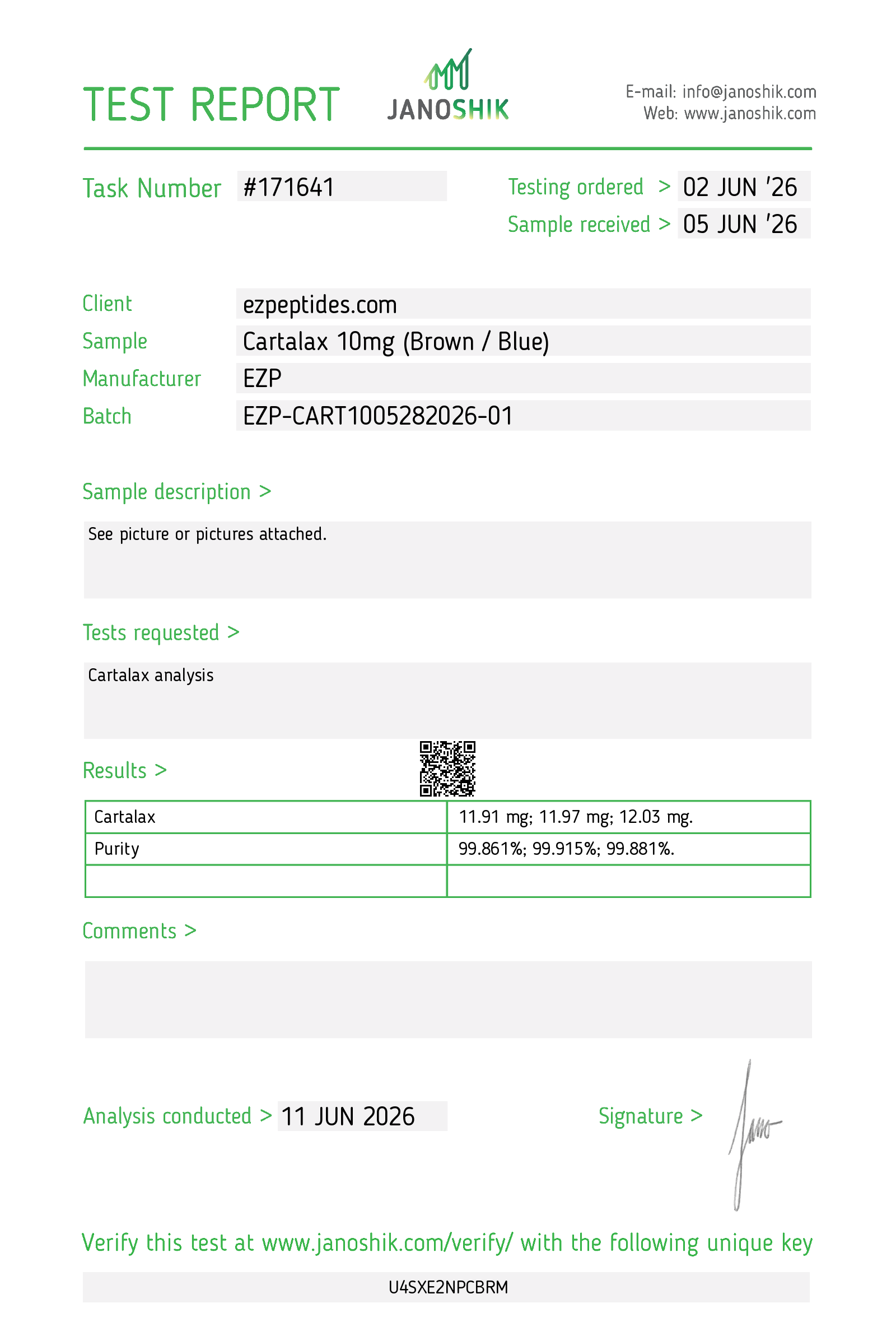 Certificate of Analysis for Cartalax 10MG from EZ Peptides