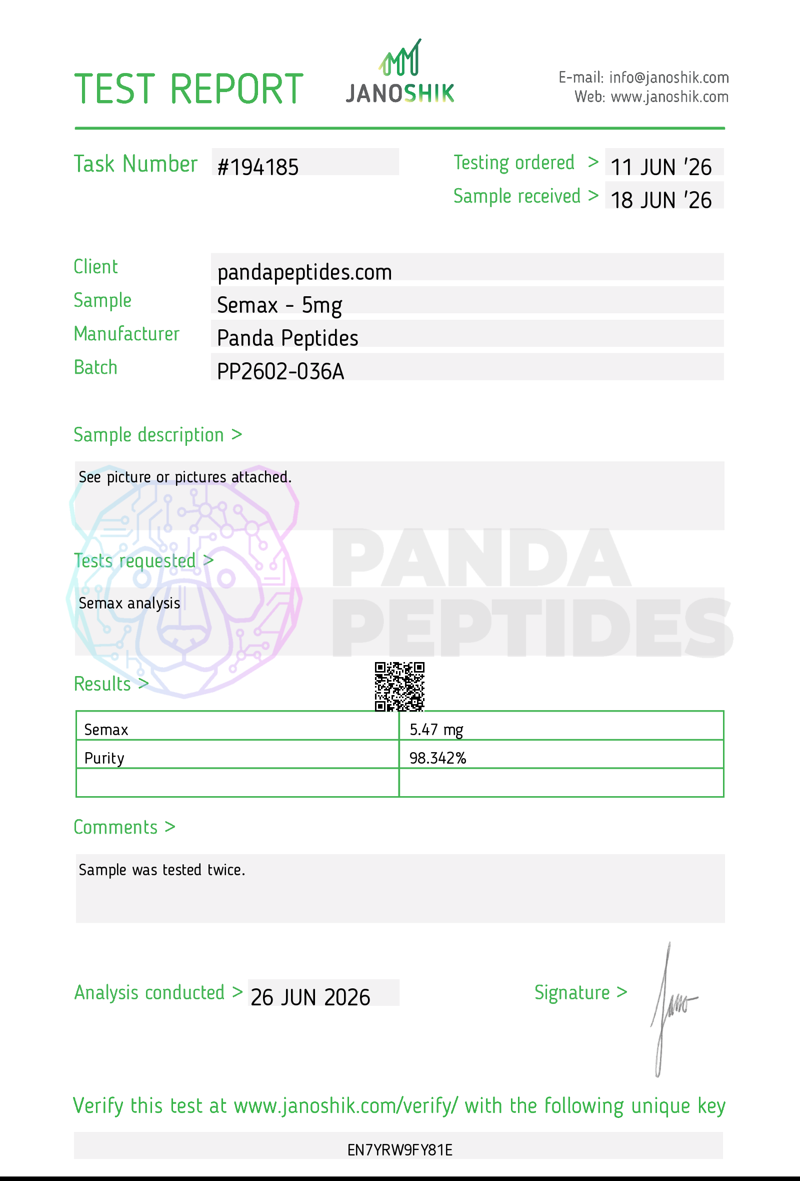Certificate of Analysis for Semax from Panda Peptides